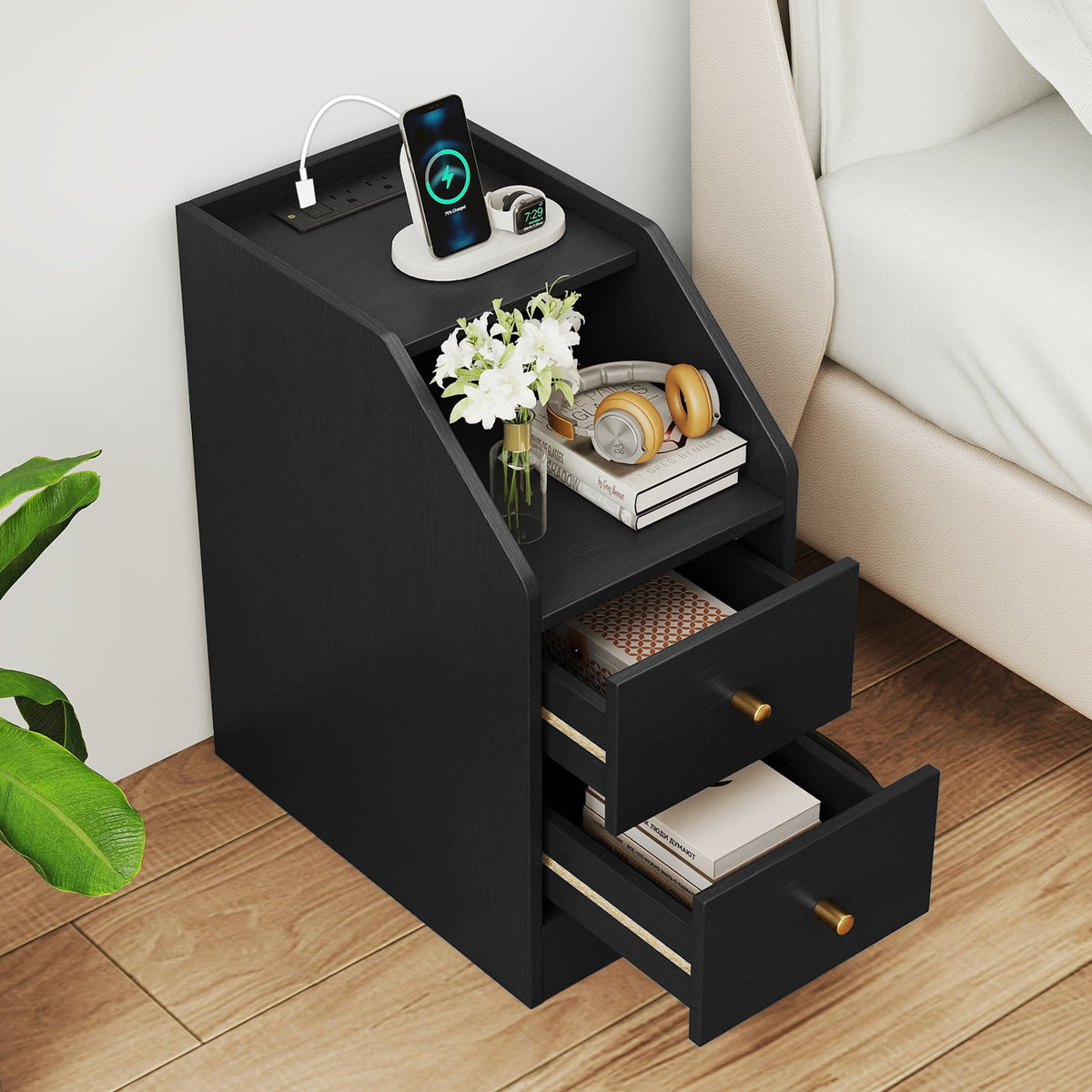 Side End Table with Charging Station Sofa Couch Table with Shelf Drawers-Black-End & Side Tables-DECOROLALA