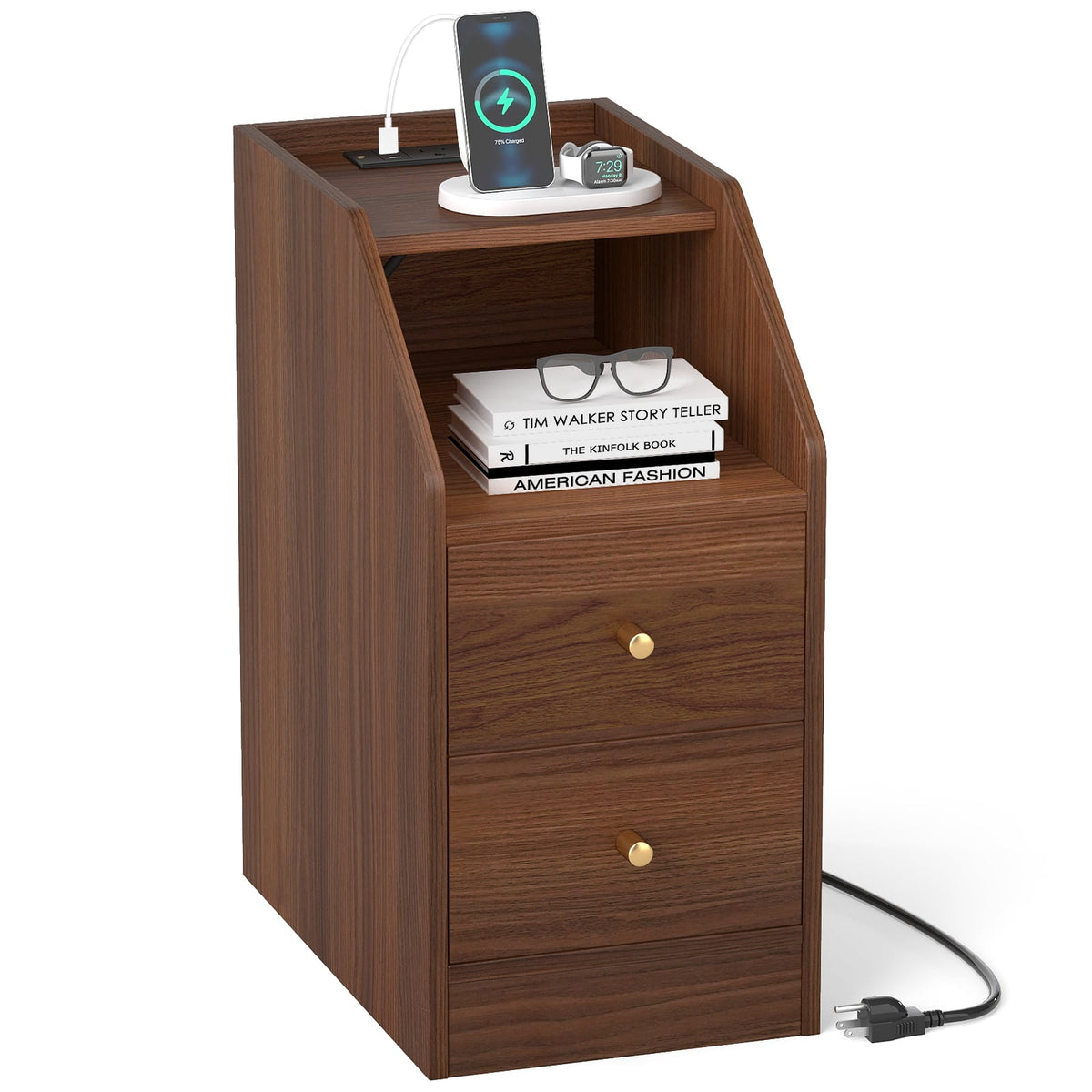 Side End Table with Charging Station Sofa Couch Table with Shelf Drawers-Walnut-End & Side Tables-DECOROLALA