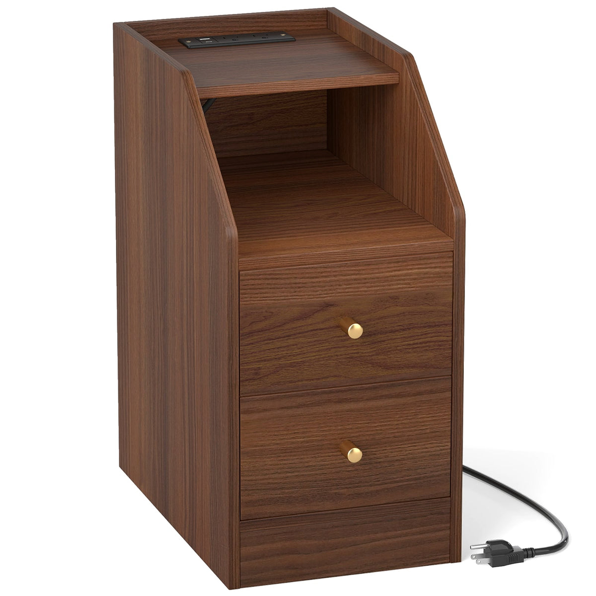 Side End Table with Charging Station Sofa Couch Table with Shelf Drawers-Walnut-End & Side Tables-DECOROLALA