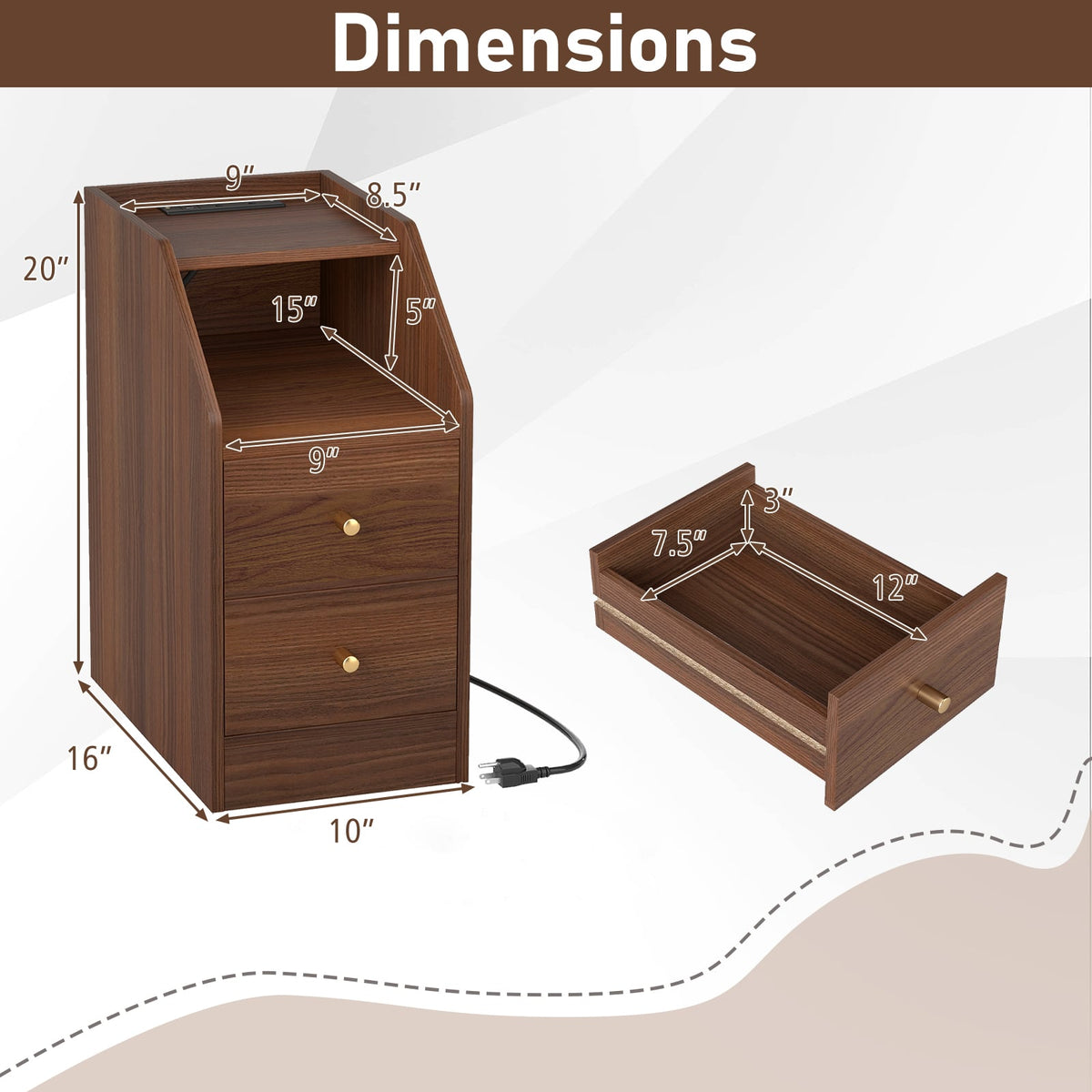 Side End Table with Charging Station Sofa Couch Table with Shelf Drawers-Walnut-End & Side Tables-DECOROLALA