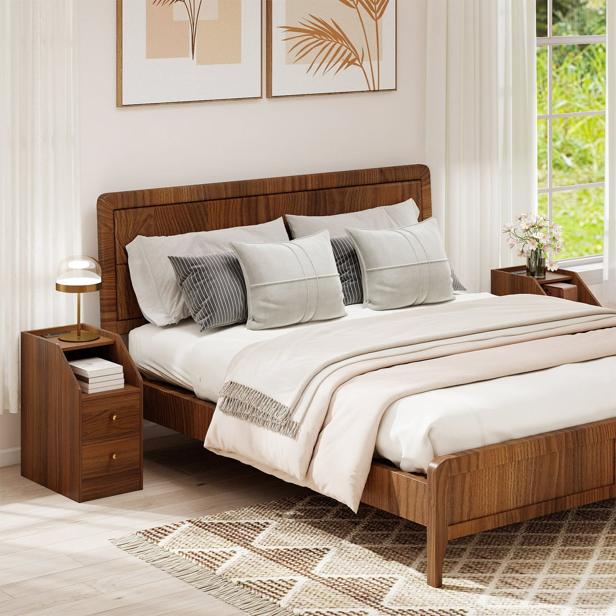 Side End Table with Charging Station Sofa Couch Table with Shelf Drawers-Walnut-End & Side Tables-DECOROLALA