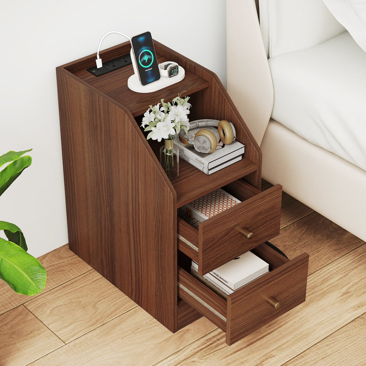 Side End Table with Charging Station Sofa Couch Table with Shelf Drawers-Walnut-End & Side Tables-DECOROLALA