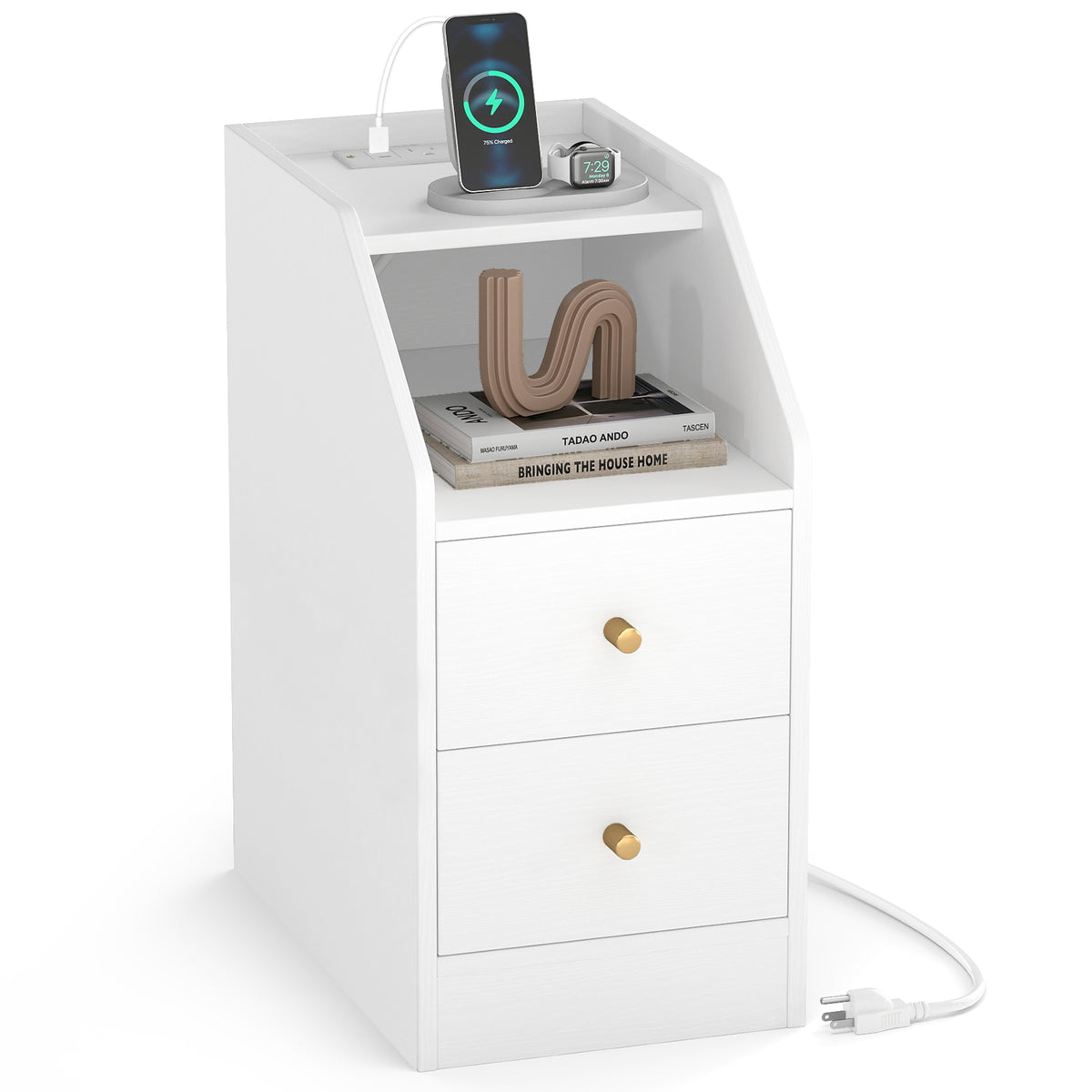 Side End Table with Charging Station Sofa Couch Table with Shelf Drawers-White-End & Side Tables-DECOROLALA