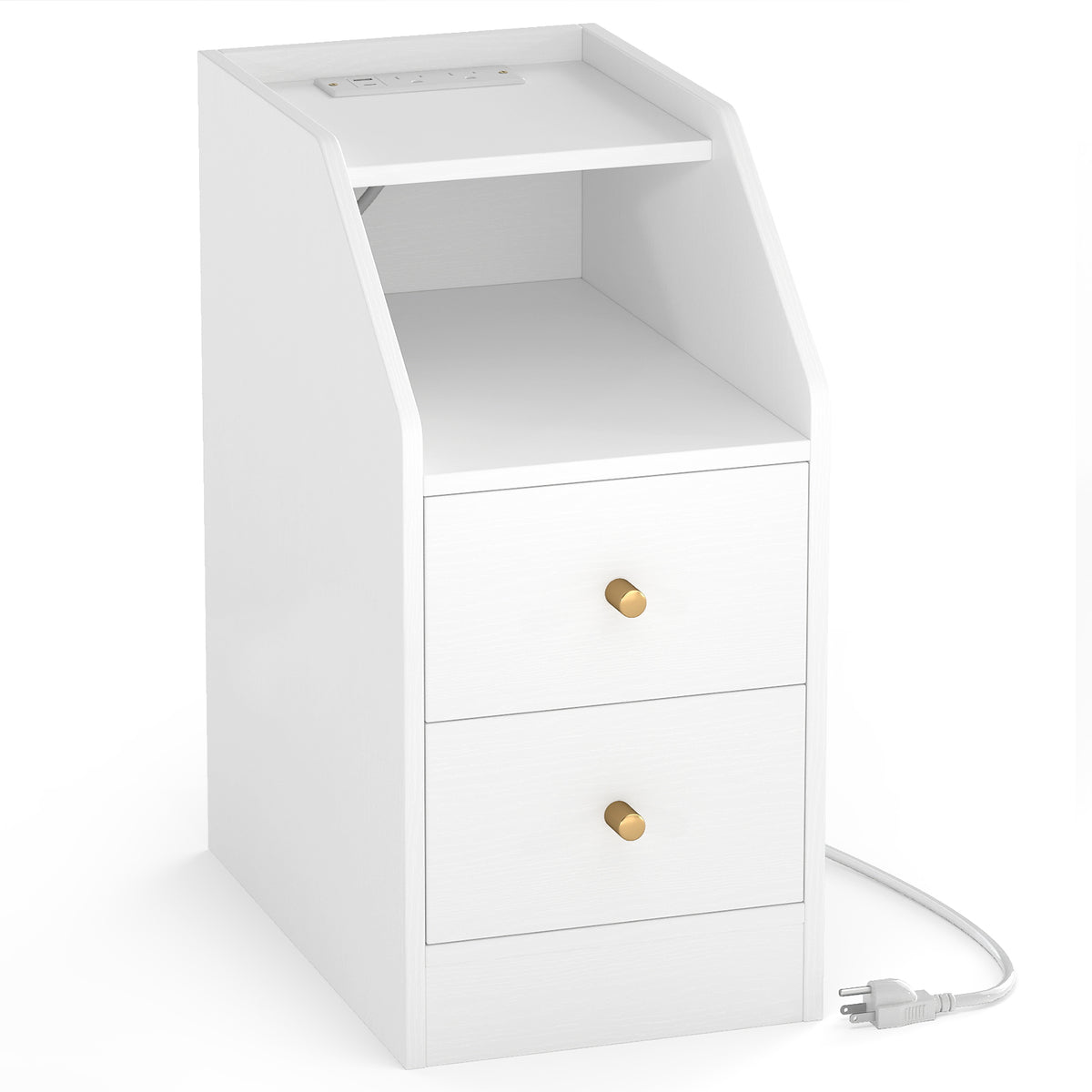 Side End Table with Charging Station Sofa Couch Table with Shelf Drawers-White-End & Side Tables-DECOROLALA