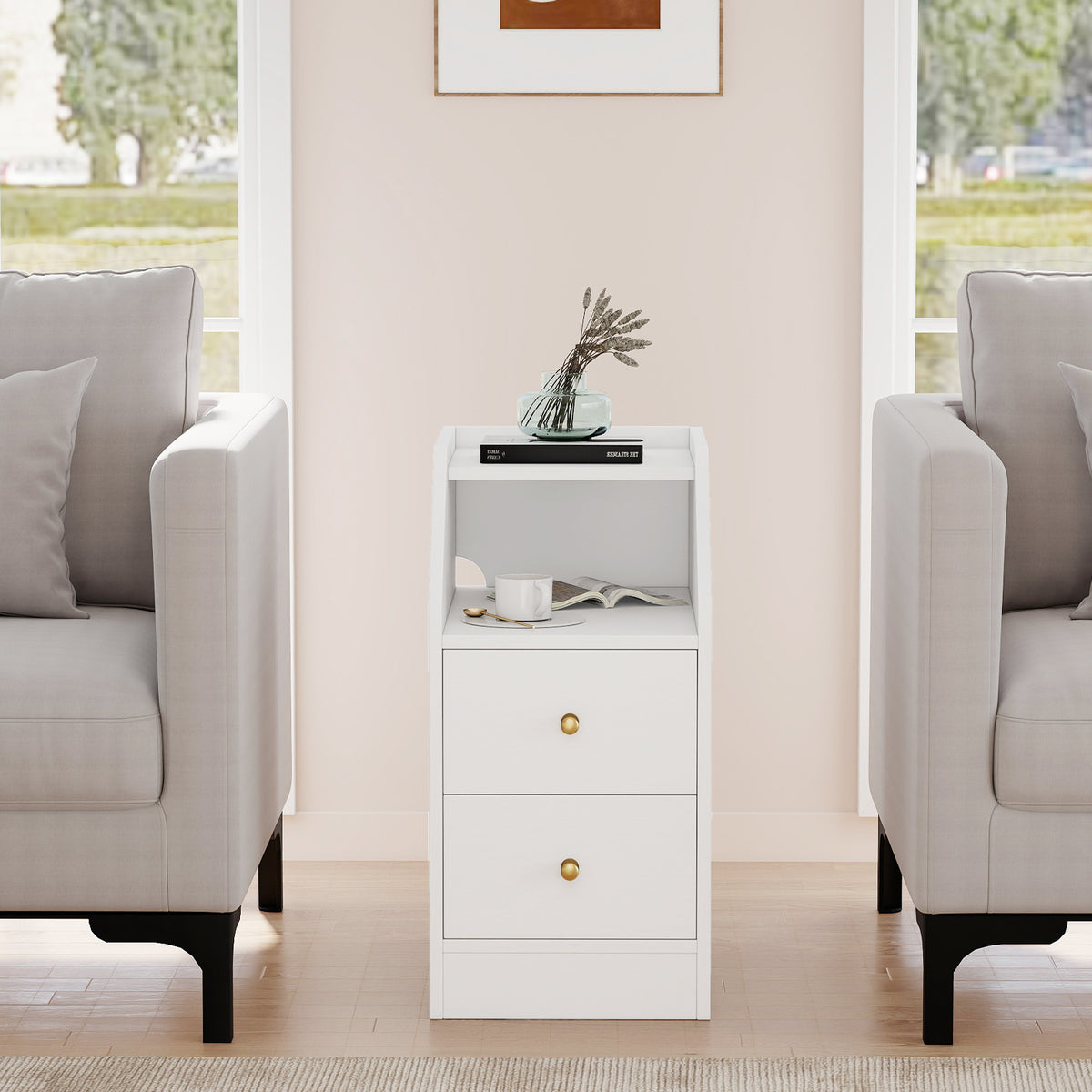Side End Table with Charging Station Sofa Couch Table with Shelf Drawers-White-End & Side Tables-DECOROLALA