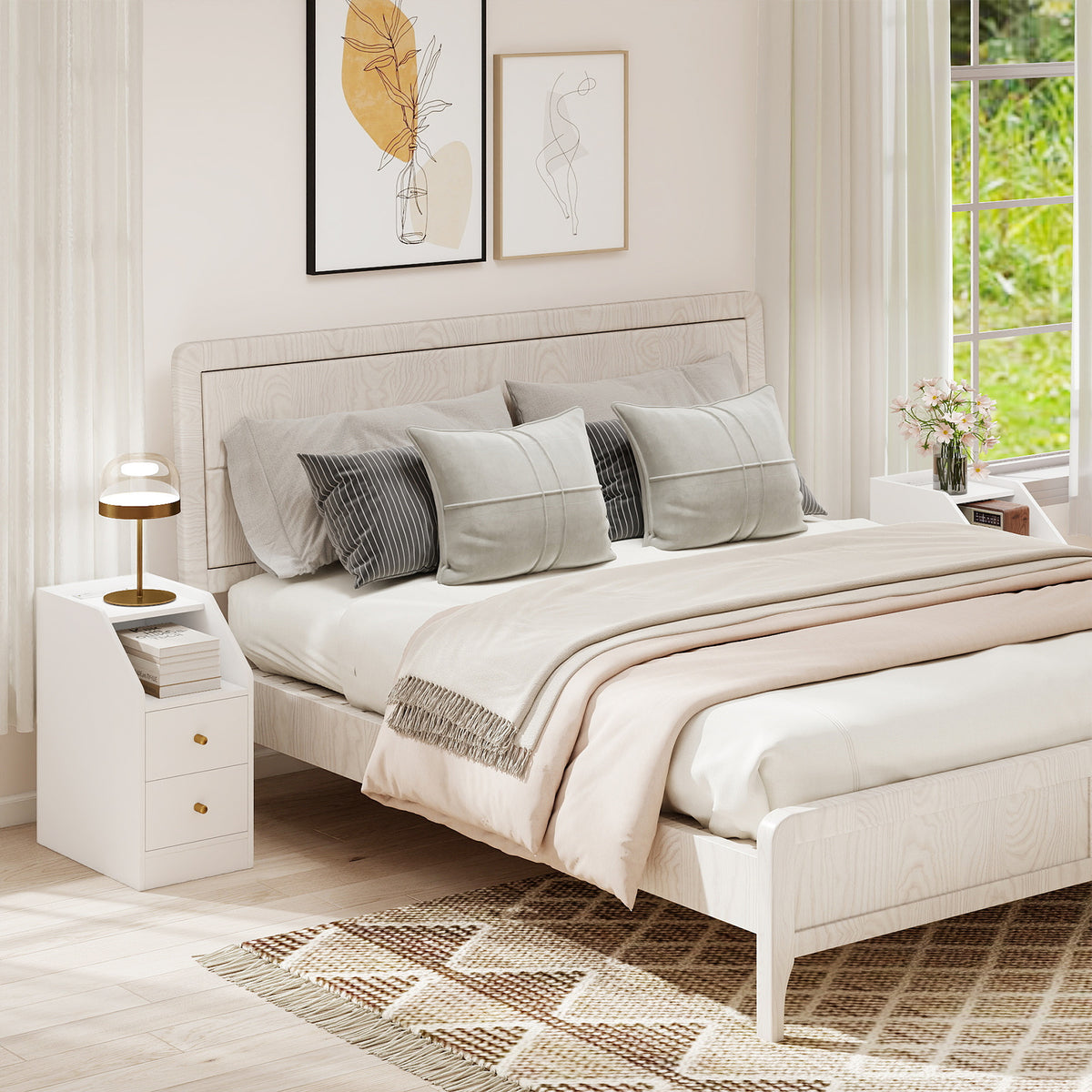 Side End Table with Charging Station Sofa Couch Table with Shelf Drawers-White-End & Side Tables-DECOROLALA