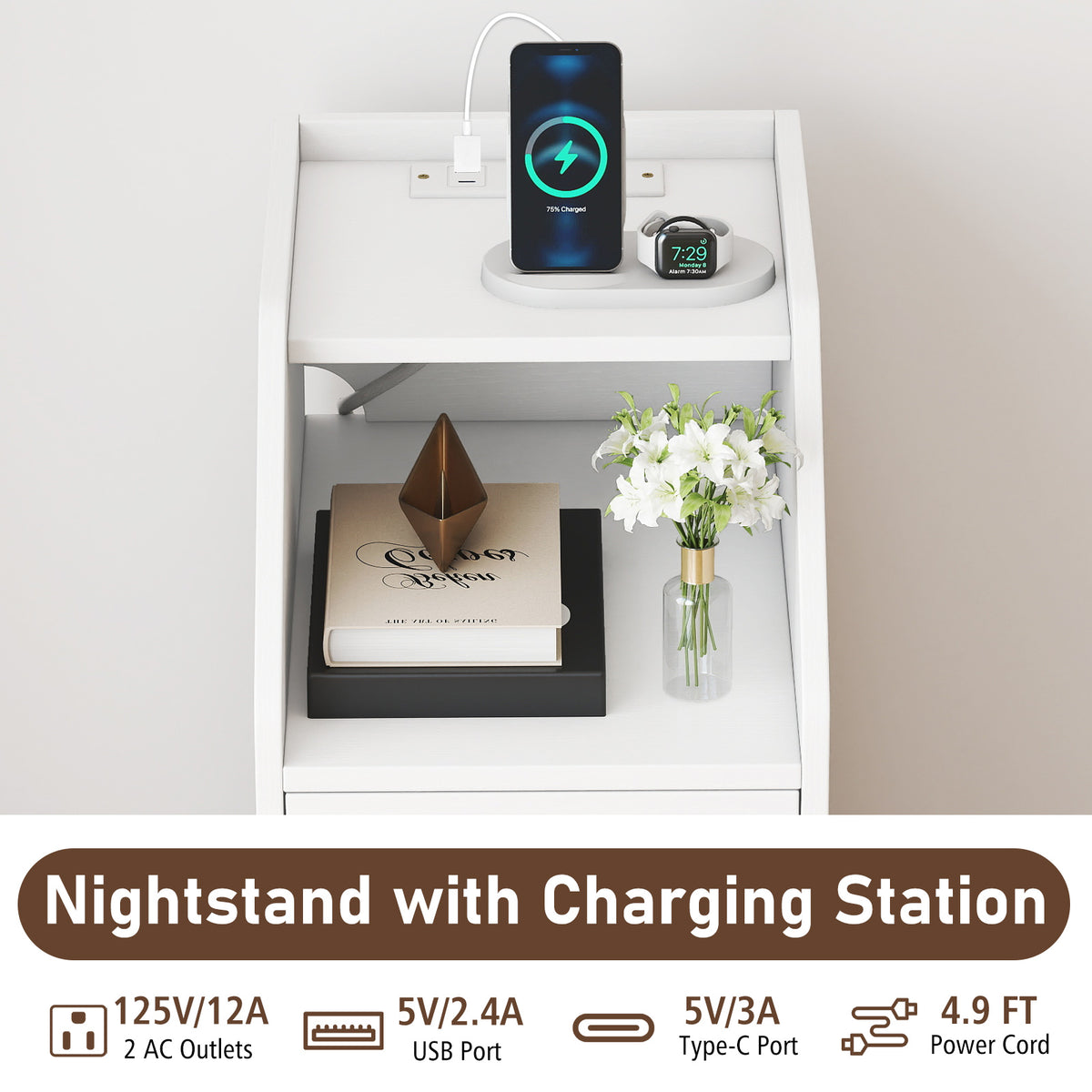 Side End Table with Charging Station Sofa Couch Table with Shelf Drawers-White-End & Side Tables-DECOROLALA
