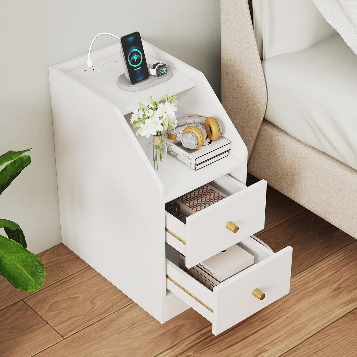 Side End Table with Charging Station Sofa Couch Table with Shelf Drawers-White-End & Side Tables-DECOROLALA