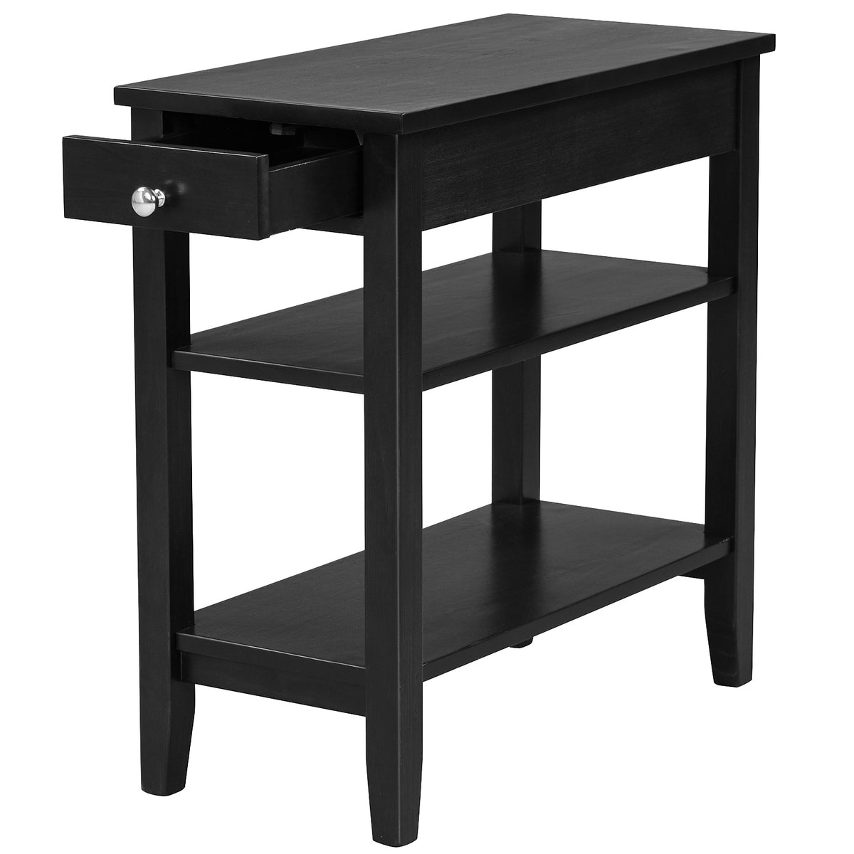 Side End Table with Drawer and 2-Tier Open Storage Shelves for Space Saving-Black-End & Side Tables-DECOROLALA