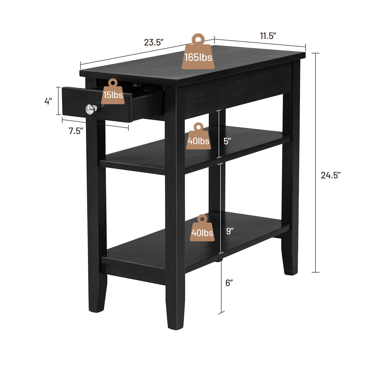 Side End Table with Drawer and 2-Tier Open Storage Shelves for Space Saving-Black-End & Side Tables-DECOROLALA