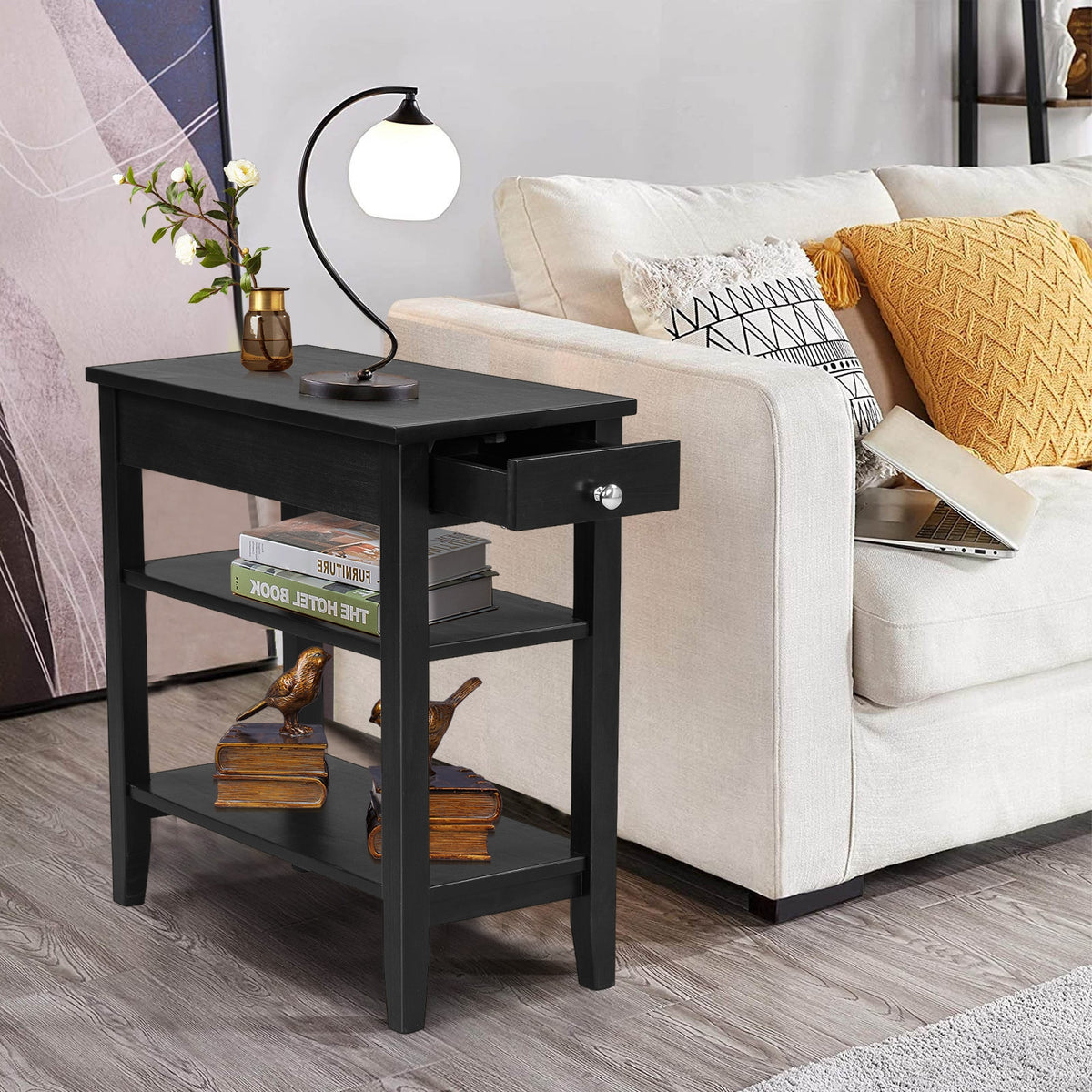 Side End Table with Drawer and 2-Tier Open Storage Shelves for Space Saving-Black-End & Side Tables-DECOROLALA