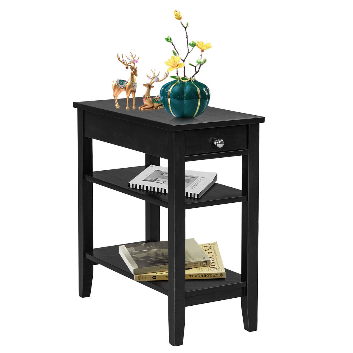 Side End Table with Drawer and 2-Tier Open Storage Shelves for Space Saving-Black-End & Side Tables-DECOROLALA