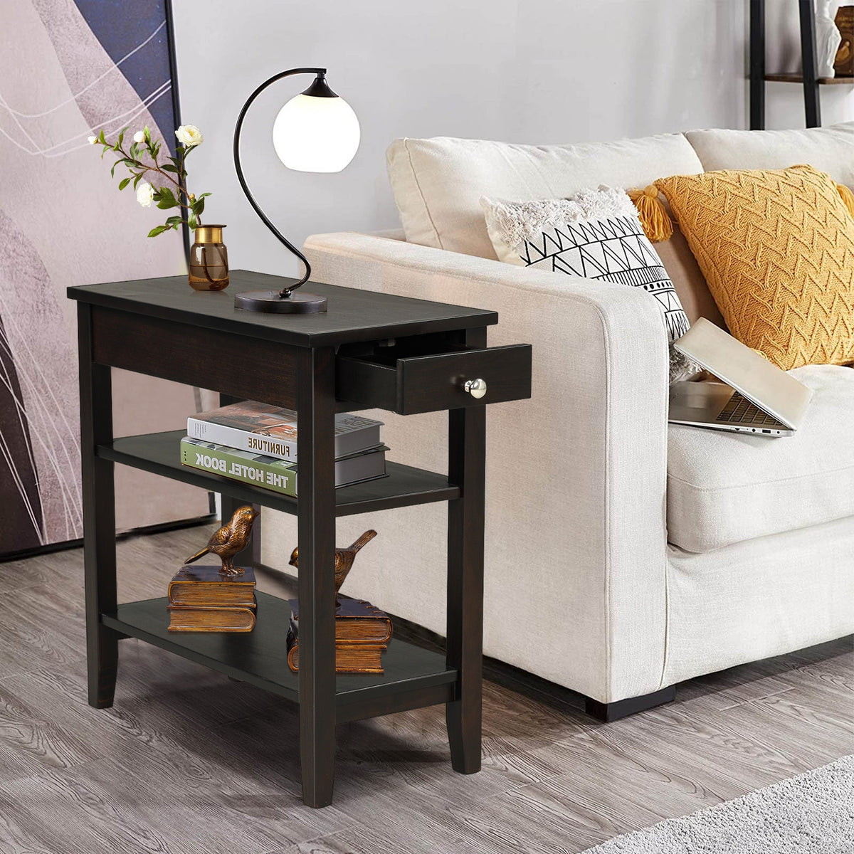 Side End Table with Drawer and 2-Tier Open Storage Shelves for Space Saving-Brown-End & Side Tables-DECOROLALA