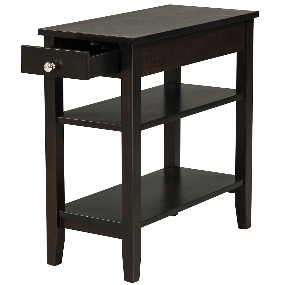 Side End Table with Drawer and 2-Tier Open Storage Shelves for Space Saving-Brown-End & Side Tables-DECOROLALA
