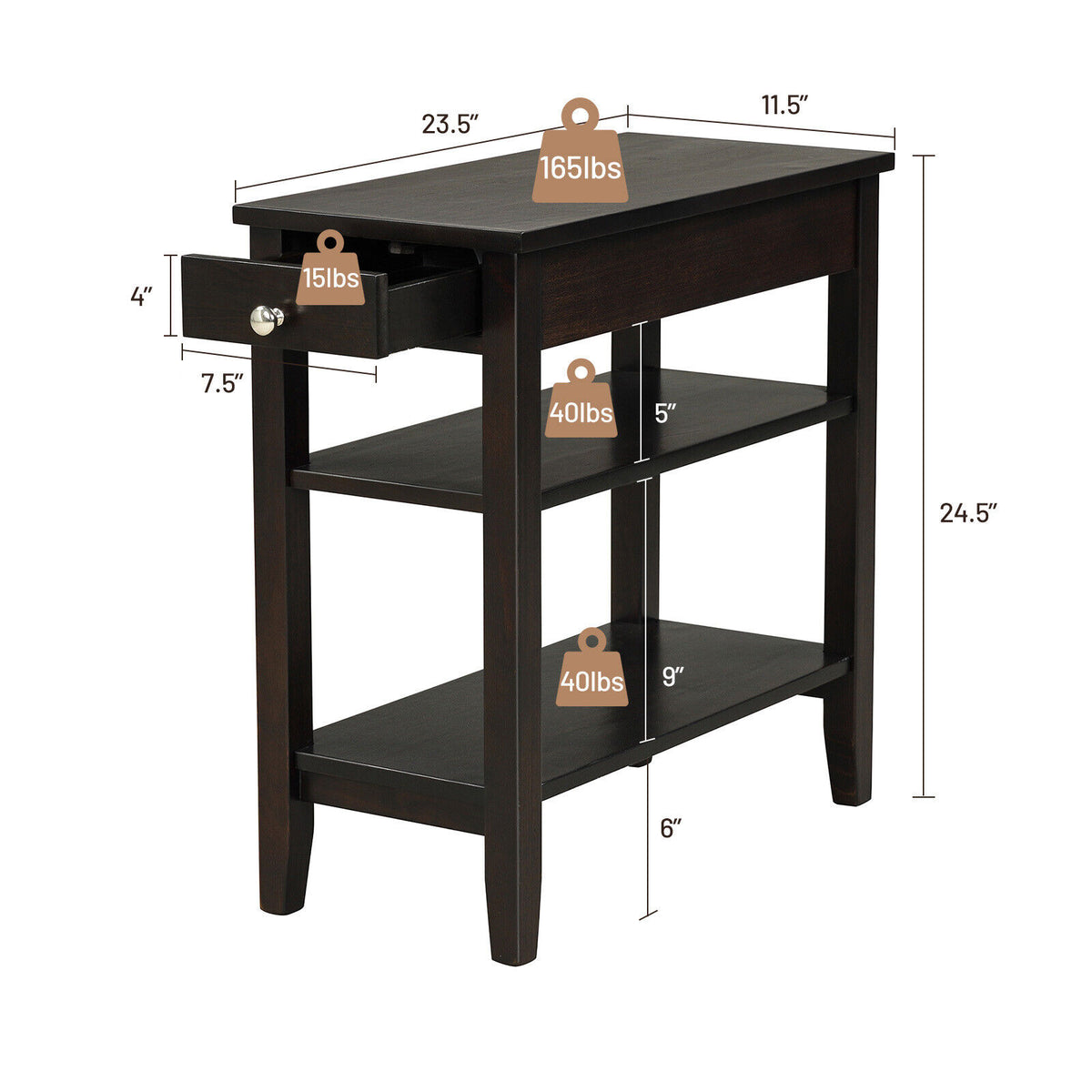 Side End Table with Drawer and 2-Tier Open Storage Shelves for Space Saving-Brown-End & Side Tables-DECOROLALA
