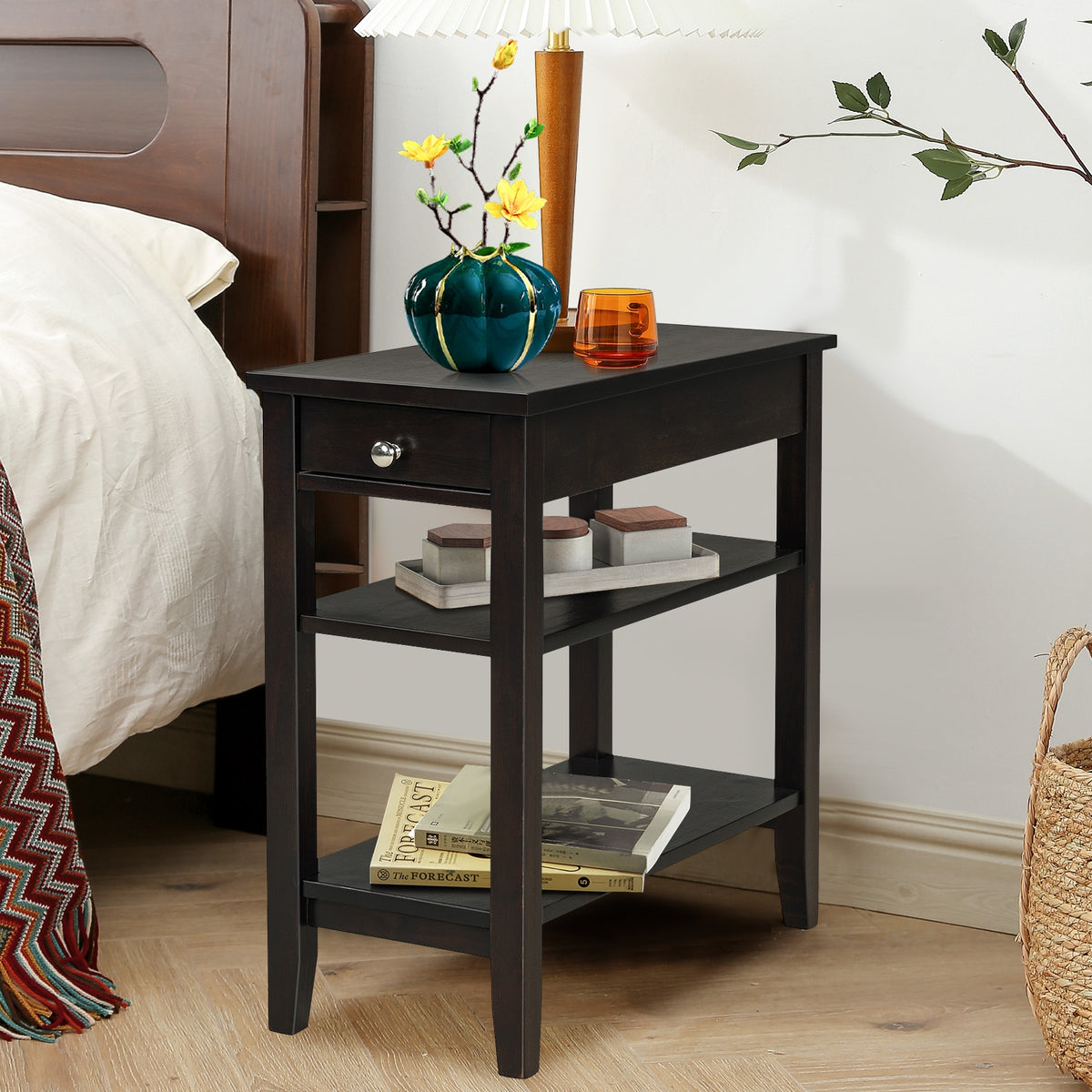 Side End Table with Drawer and 2-Tier Open Storage Shelves for Space Saving-Brown-End & Side Tables-DECOROLALA