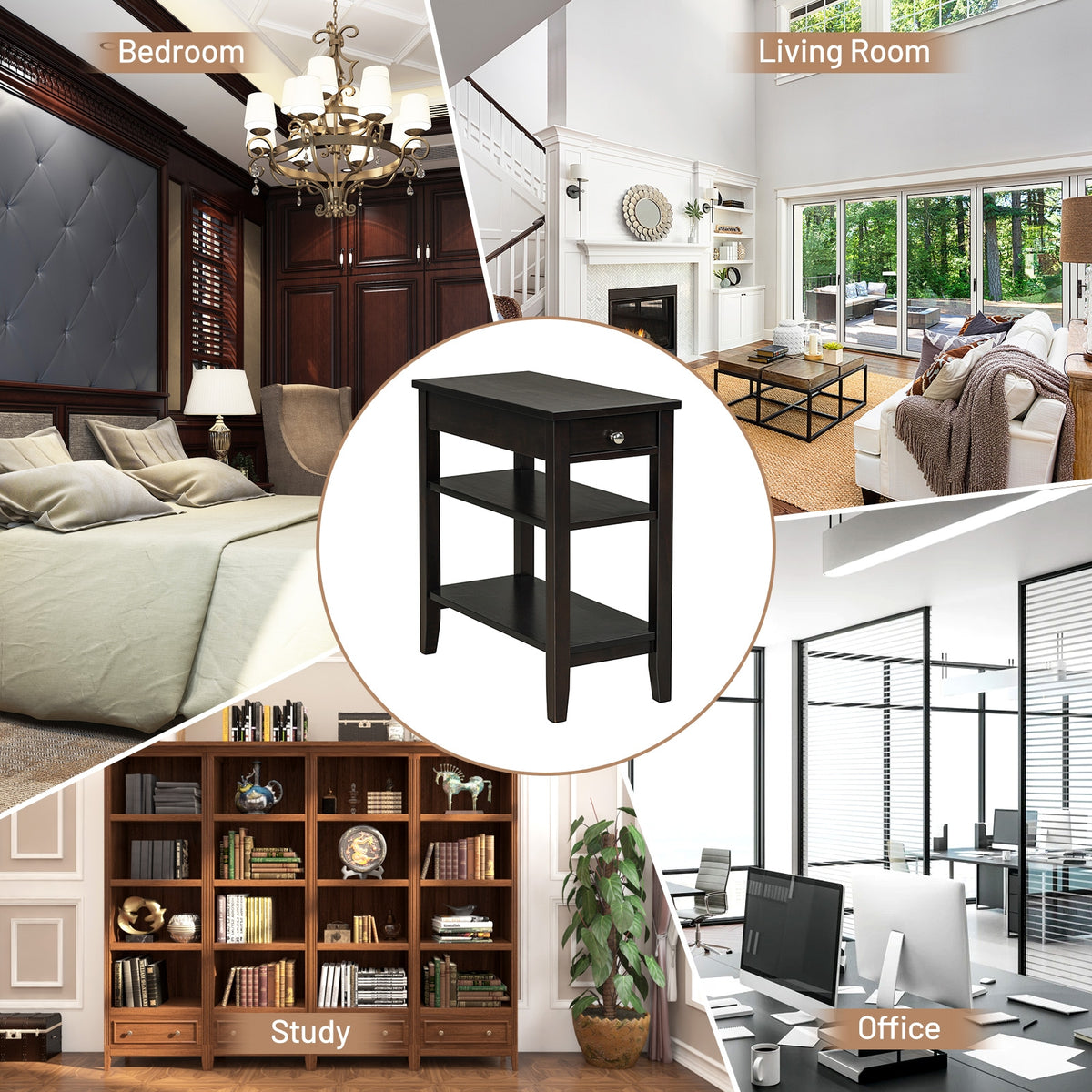 Side End Table with Drawer and 2-Tier Open Storage Shelves for Space Saving-Brown-End & Side Tables-DECOROLALA