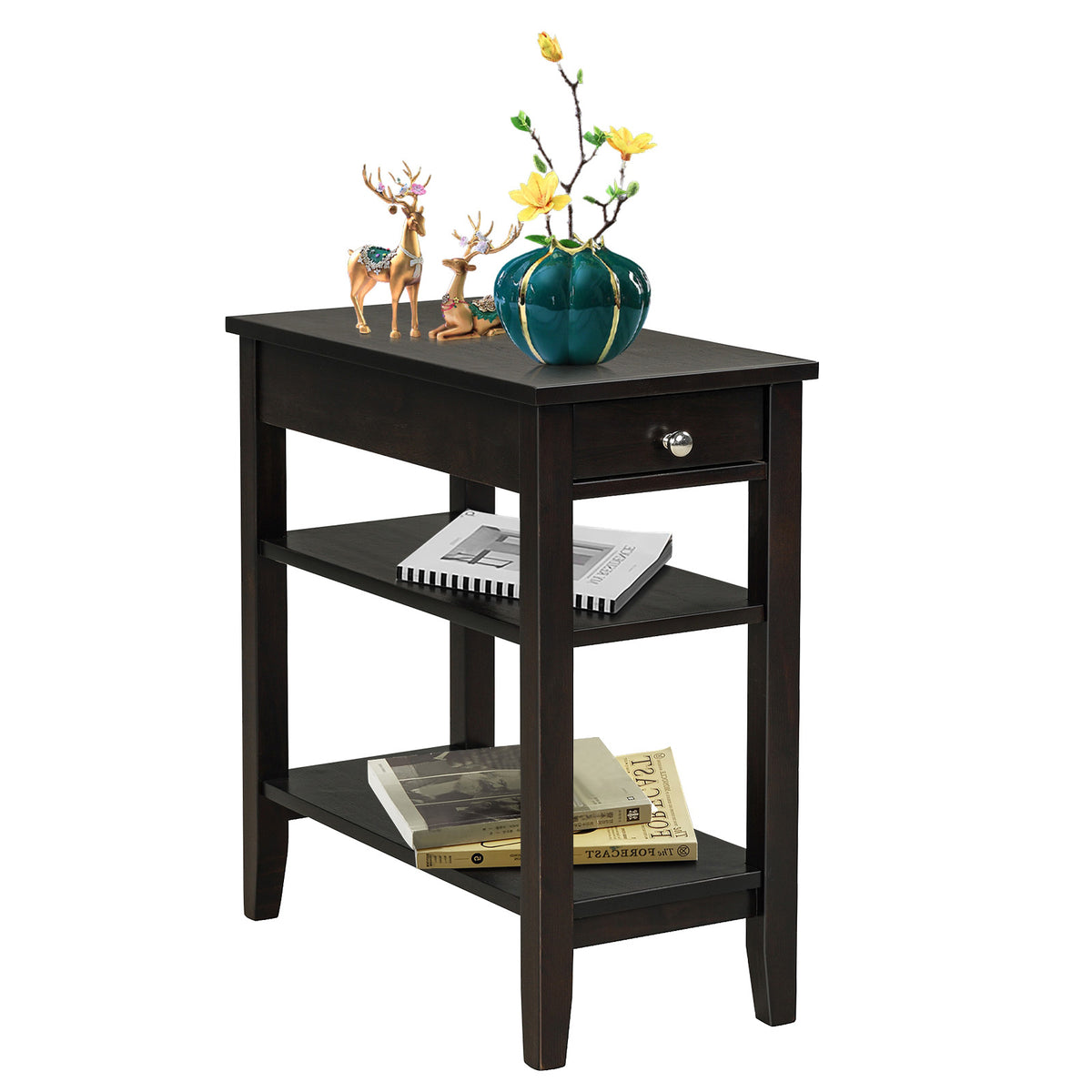 Side End Table with Drawer and 2-Tier Open Storage Shelves for Space Saving-Brown-End & Side Tables-DECOROLALA