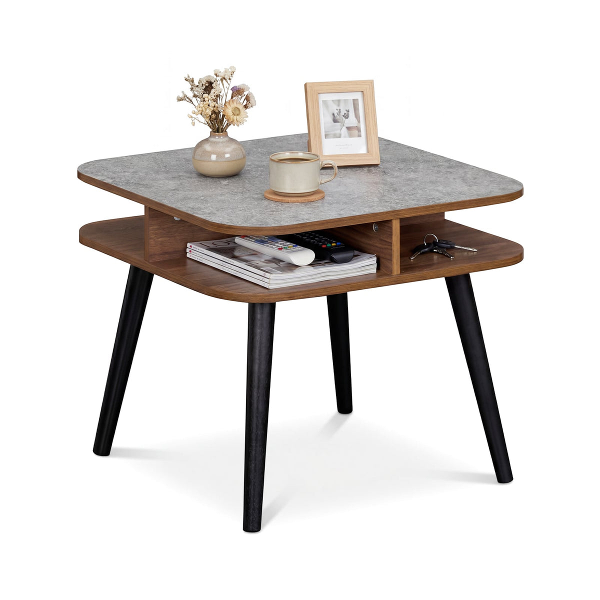 Side Table Faux Marble End Table with Storage Shelves and Rubber Wood Legs-Walnut-End & Side Tables-DECOROLALA