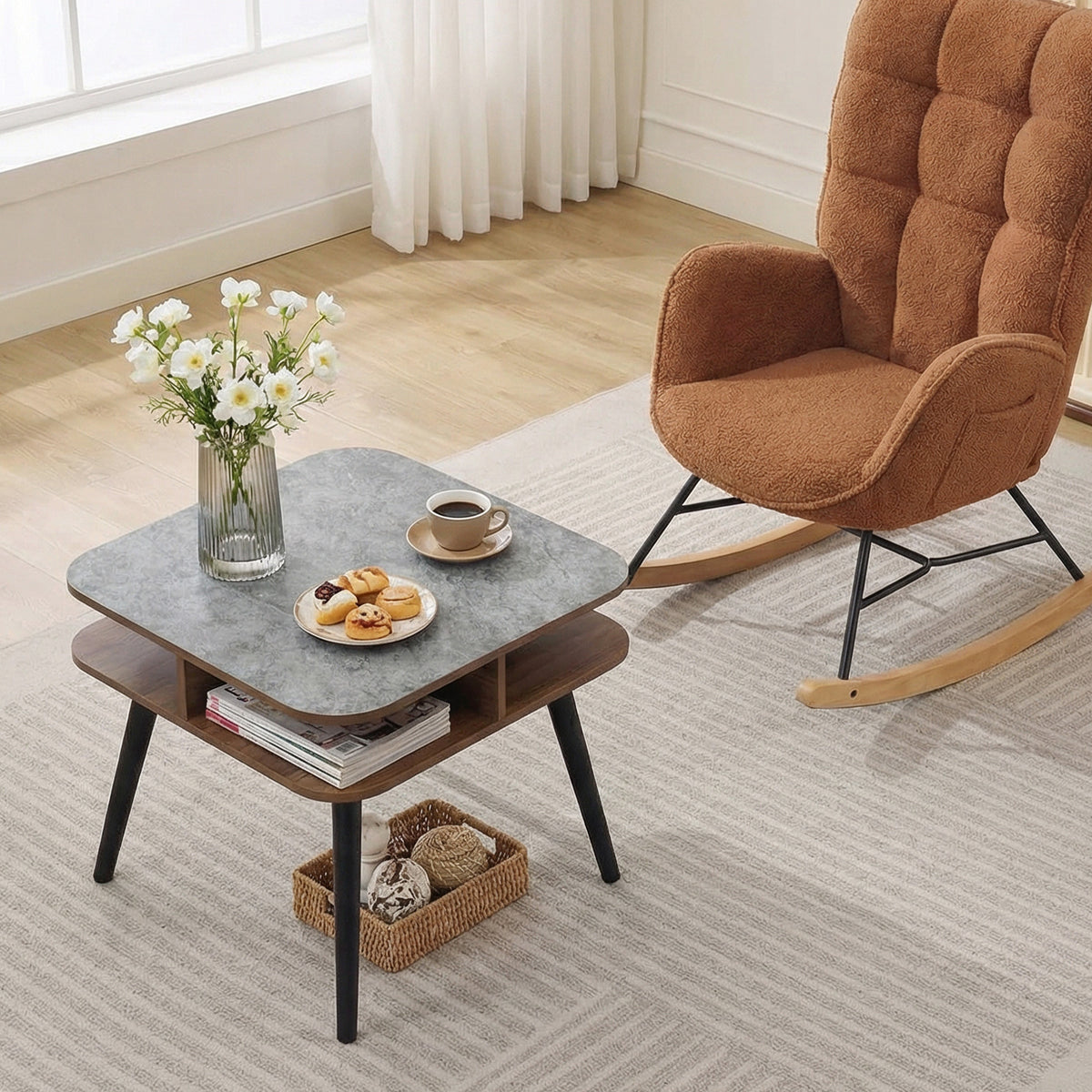 Side Table Faux Marble End Table with Storage Shelves and Rubber Wood Legs-Walnut-End & Side Tables-DECOROLALA