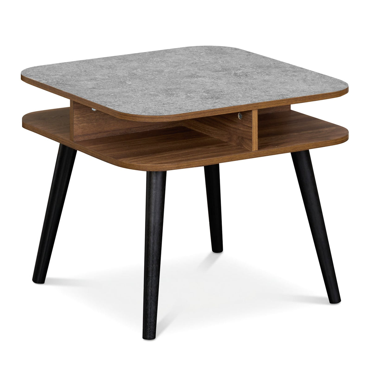 Side Table Faux Marble End Table with Storage Shelves and Rubber Wood Legs-Walnut-End & Side Tables-DECOROLALA
