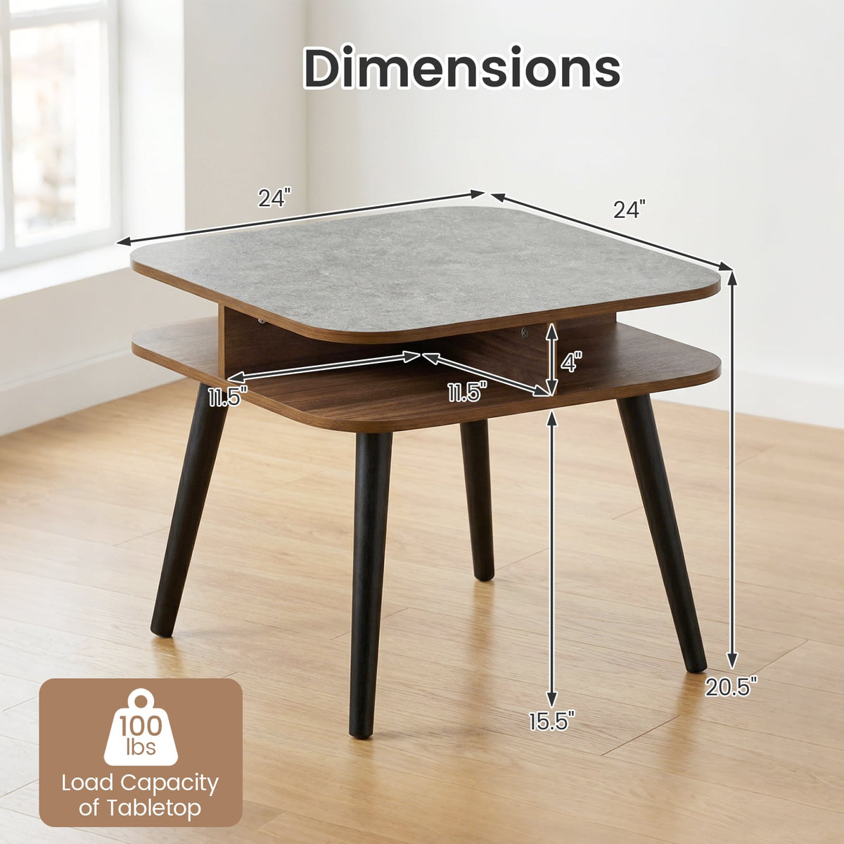 Side Table Faux Marble End Table with Storage Shelves and Rubber Wood Legs-Walnut-End & Side Tables-DECOROLALA
