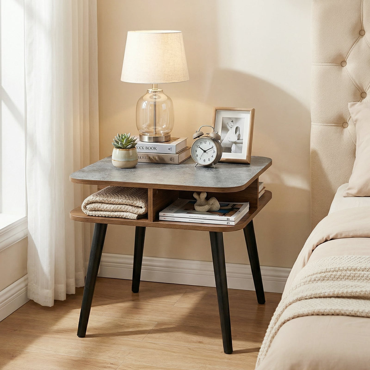 Side Table Faux Marble End Table with Storage Shelves and Rubber Wood Legs-Walnut-End & Side Tables-DECOROLALA