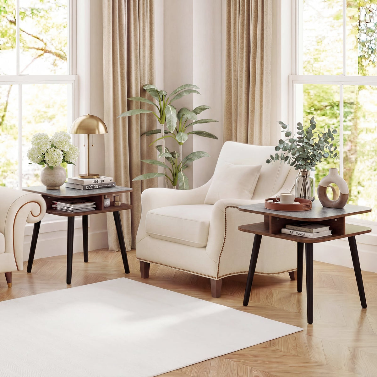 Side Table Faux Marble End Table with Storage Shelves and Rubber Wood Legs-Walnut-End & Side Tables-DECOROLALA