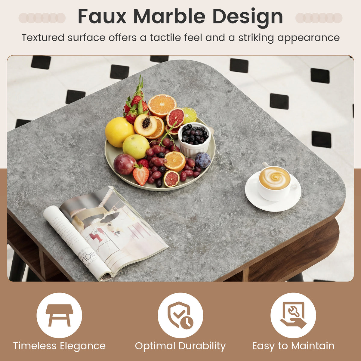 Side Table Faux Marble End Table with Storage Shelves and Rubber Wood Legs-Walnut-End & Side Tables-DECOROLALA