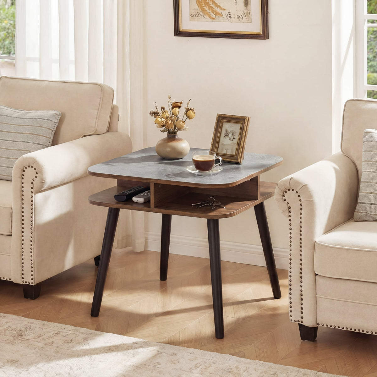 Side Table Faux Marble End Table with Storage Shelves and Rubber Wood Legs-Walnut-End & Side Tables-DECOROLALA