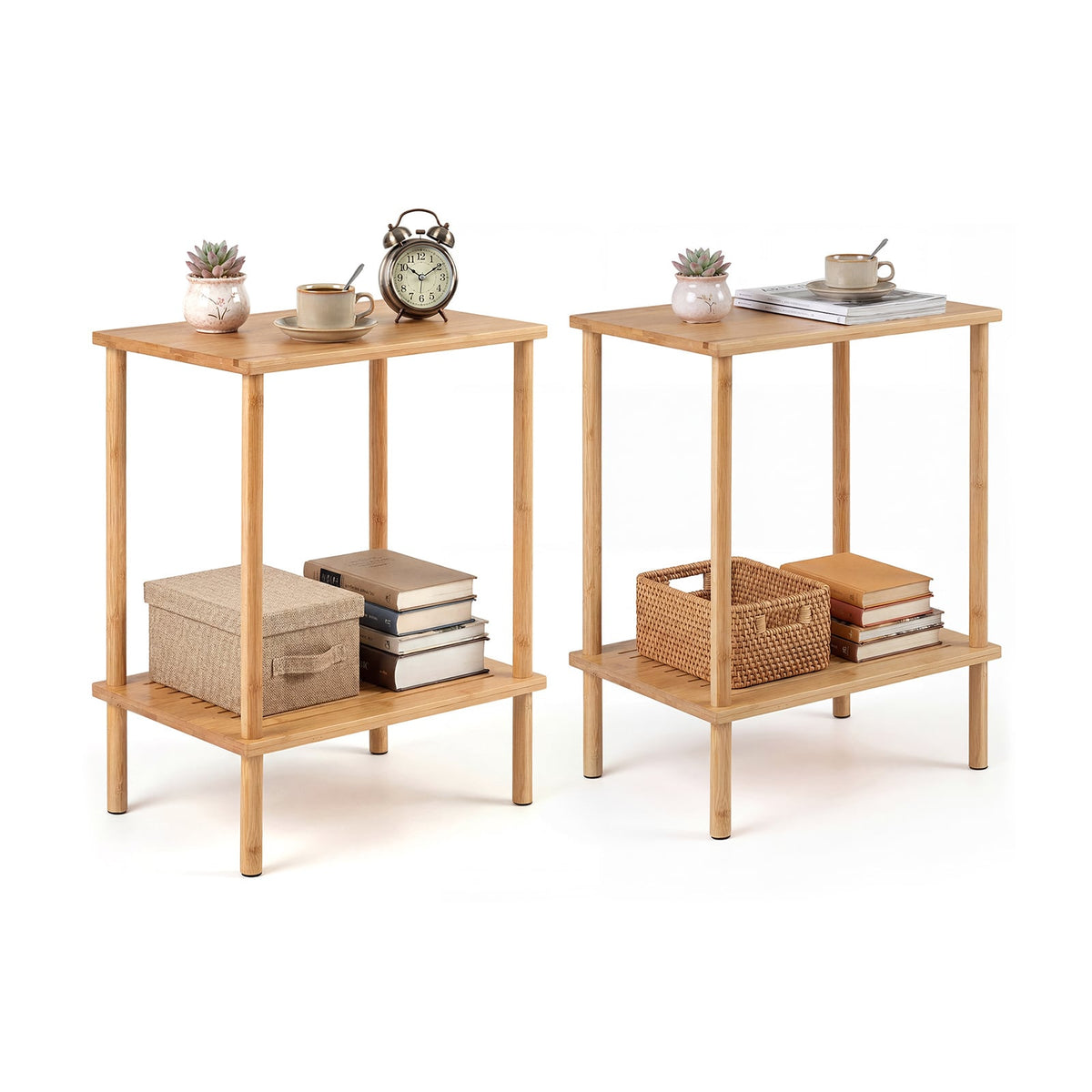 Side Table Set of 2 2-Tier Bamboo End Table with Storage Shelves Rectangular Tea Sofa Table-Natural-End & Side Tables-DECOROLALA