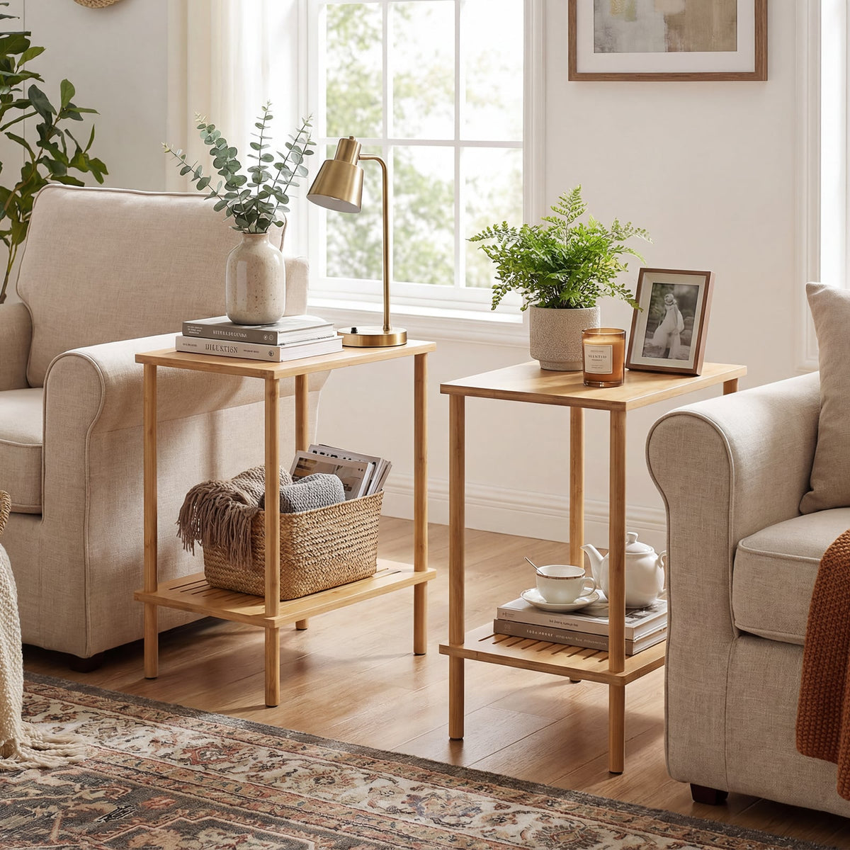 Side Table Set of 2 2-Tier Bamboo End Table with Storage Shelves Rectangular Tea Sofa Table-Natural-End & Side Tables-DECOROLALA