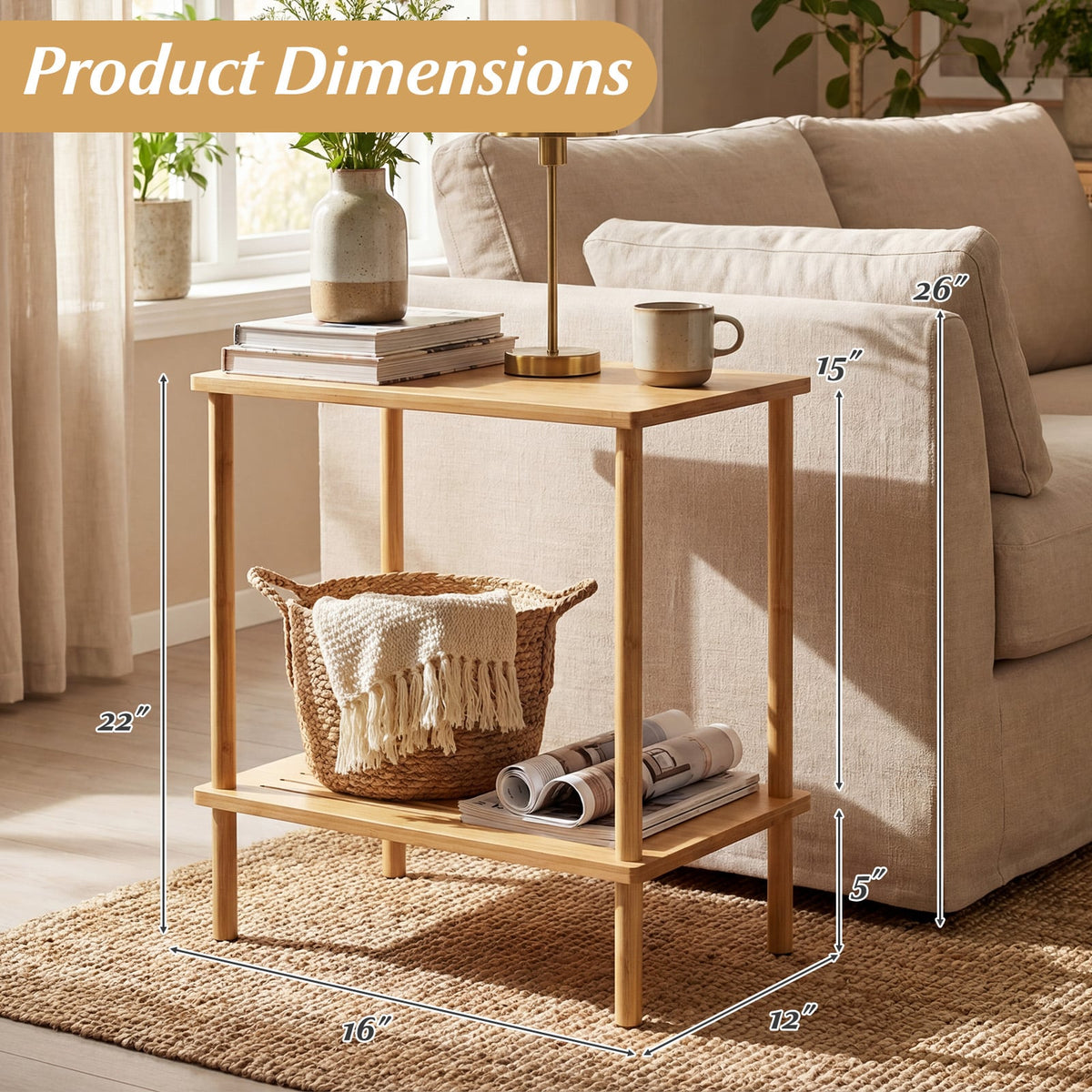 Side Table Set of 2 2-Tier Bamboo End Table with Storage Shelves Rectangular Tea Sofa Table-Natural-End & Side Tables-DECOROLALA