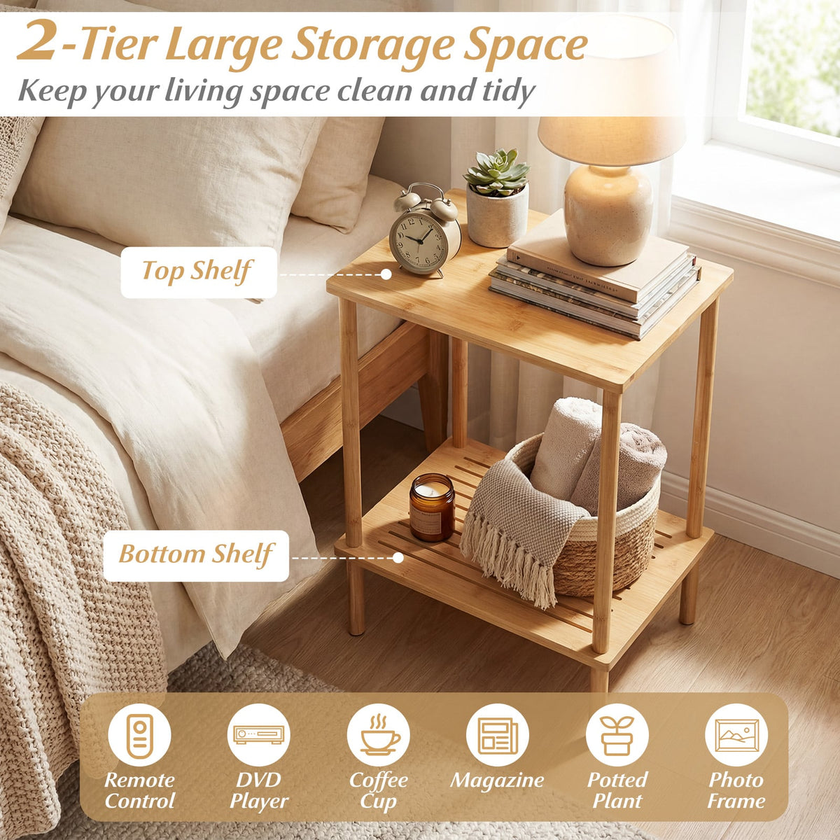 Side Table Set of 2 2-Tier Bamboo End Table with Storage Shelves Rectangular Tea Sofa Table-Natural-End & Side Tables-DECOROLALA