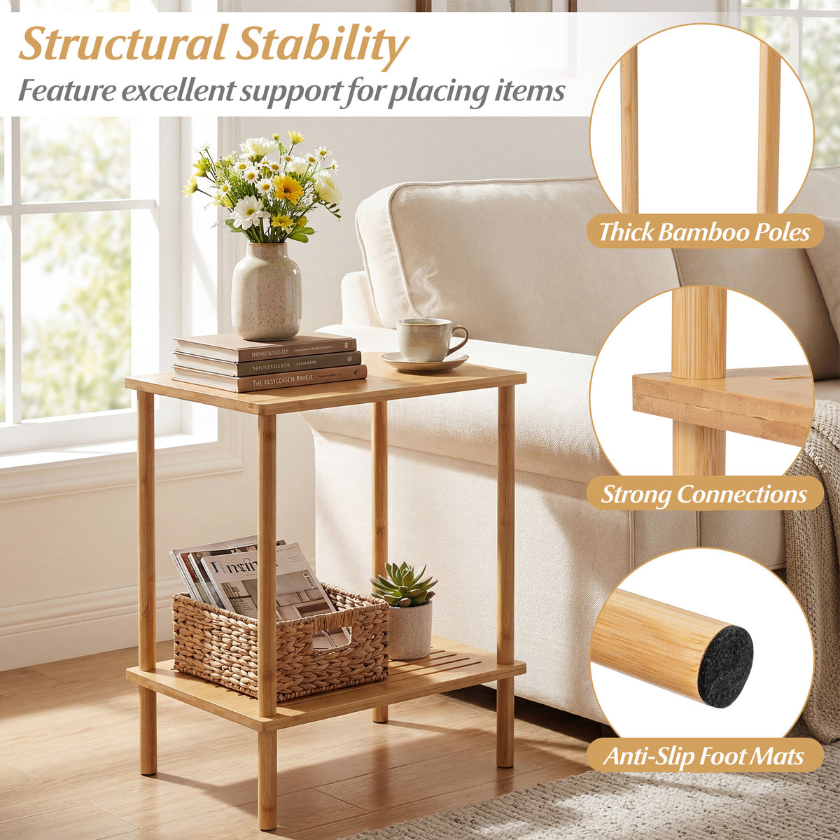 Side Table Set of 2 2-Tier Bamboo End Table with Storage Shelves Rectangular Tea Sofa Table-Natural-End & Side Tables-DECOROLALA