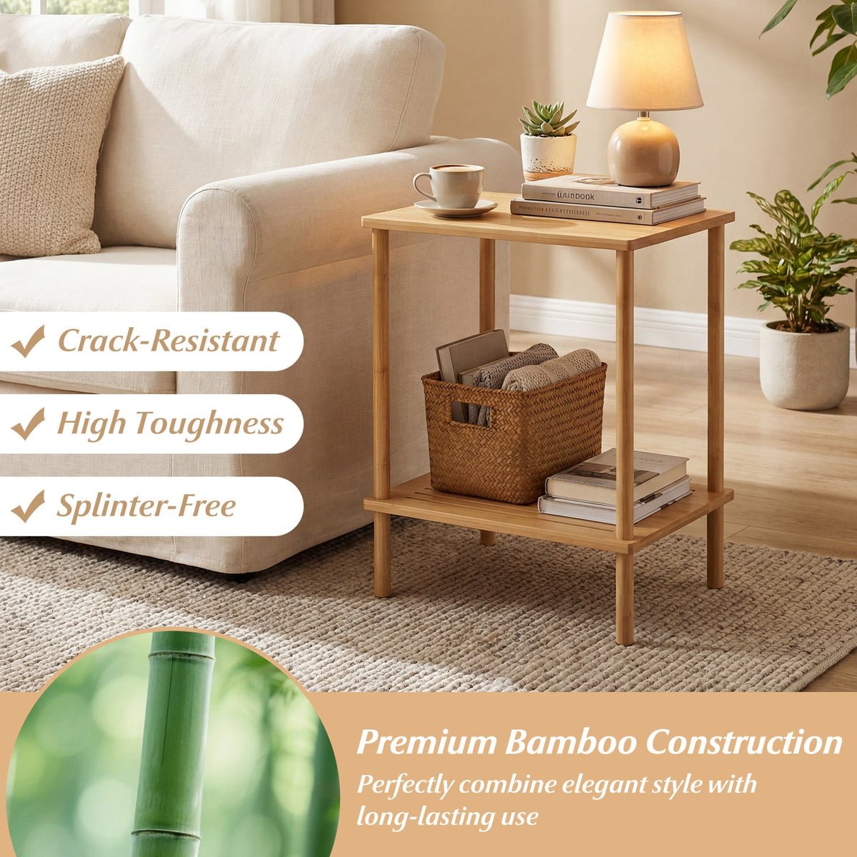 Side Table Set of 2 2-Tier Bamboo End Table with Storage Shelves Rectangular Tea Sofa Table-Natural-End & Side Tables-DECOROLALA