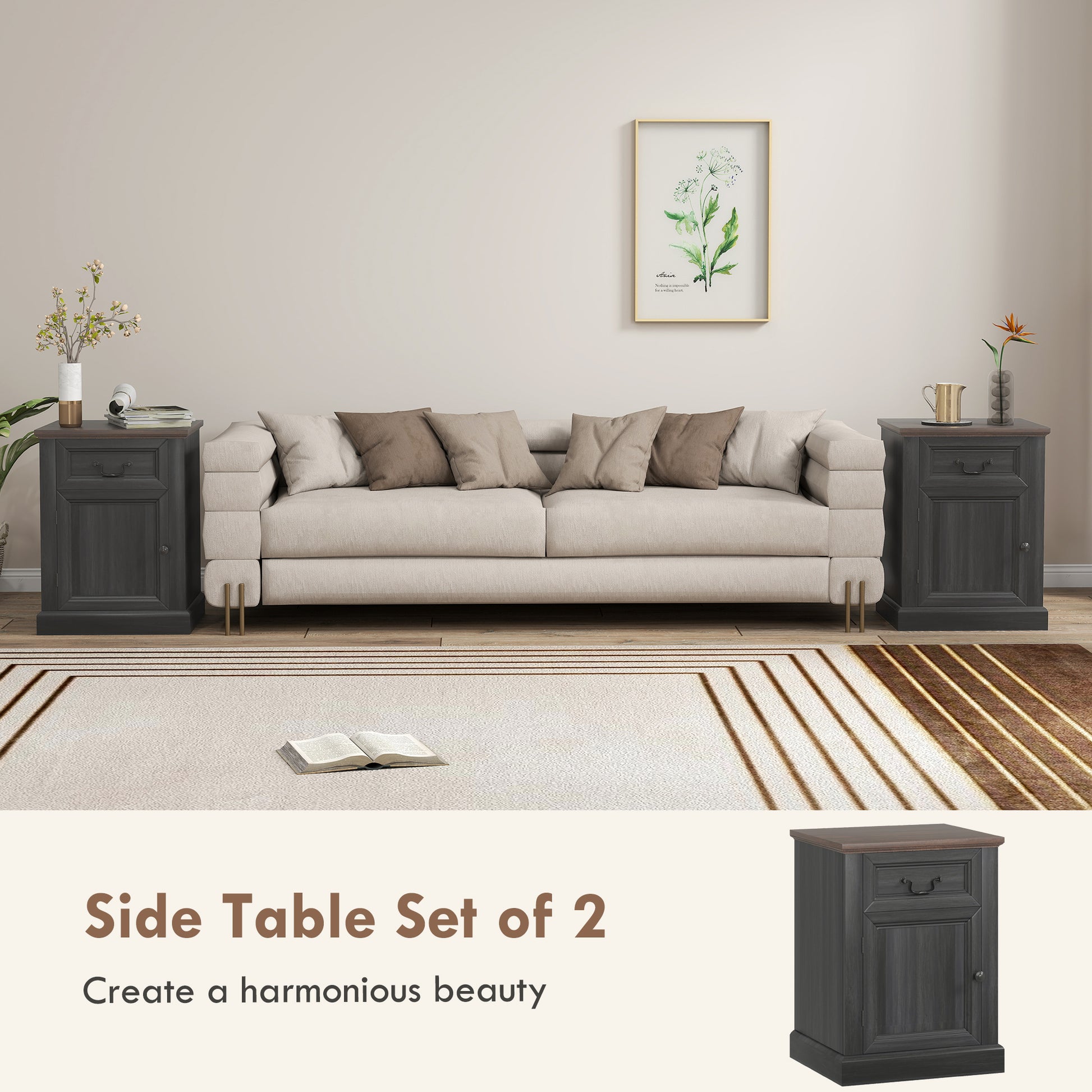 Side Table Set of 2, End Tables with Drawer and Cabinet, Nightstands for Small Spaces, Living Room, Black-Home Furnishings > Living Room Furniture > Side¬†Tables-DECOROLALA