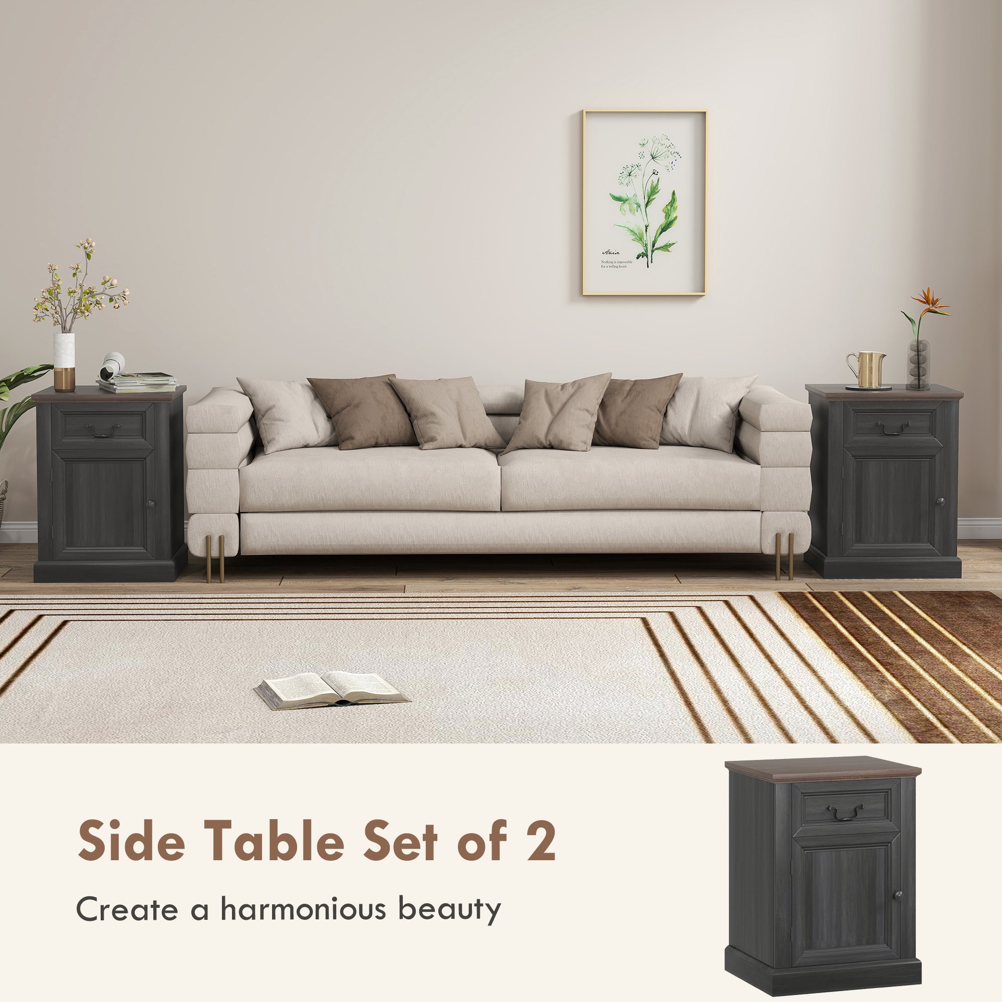 Side Table Set of 2, End Tables with Drawer and Cabinet, Nightstands for Small Spaces, Living Room, Black-Home Furnishings > Living Room Furniture > Side¬†Tables-DECOROLALA