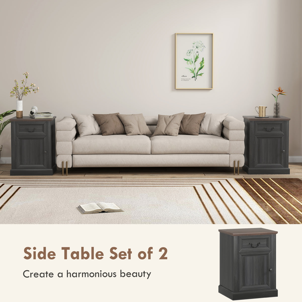 Side Table Set of 2 - Farmhouse Nightstands with Drawer, Black-Home Furnishings > Living Room Furniture > Side¬†Tables-DECOROLALA