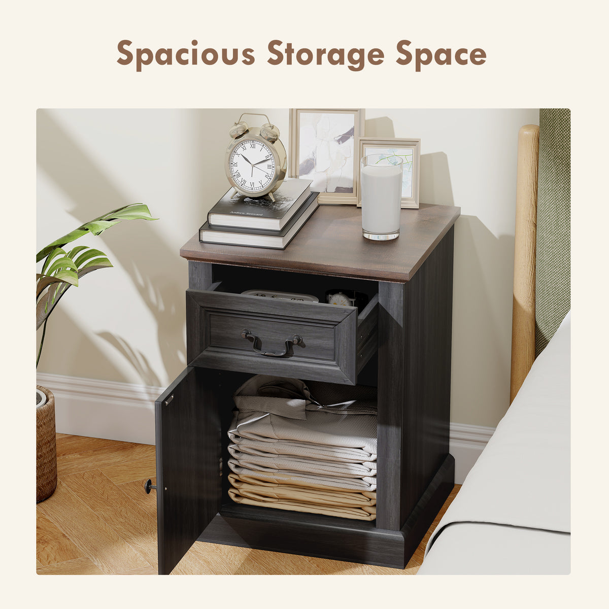 Side Table Set of 2 - Farmhouse Nightstands with Drawer, Black-Home Furnishings > Living Room Furniture > Side¬†Tables-DECOROLALA