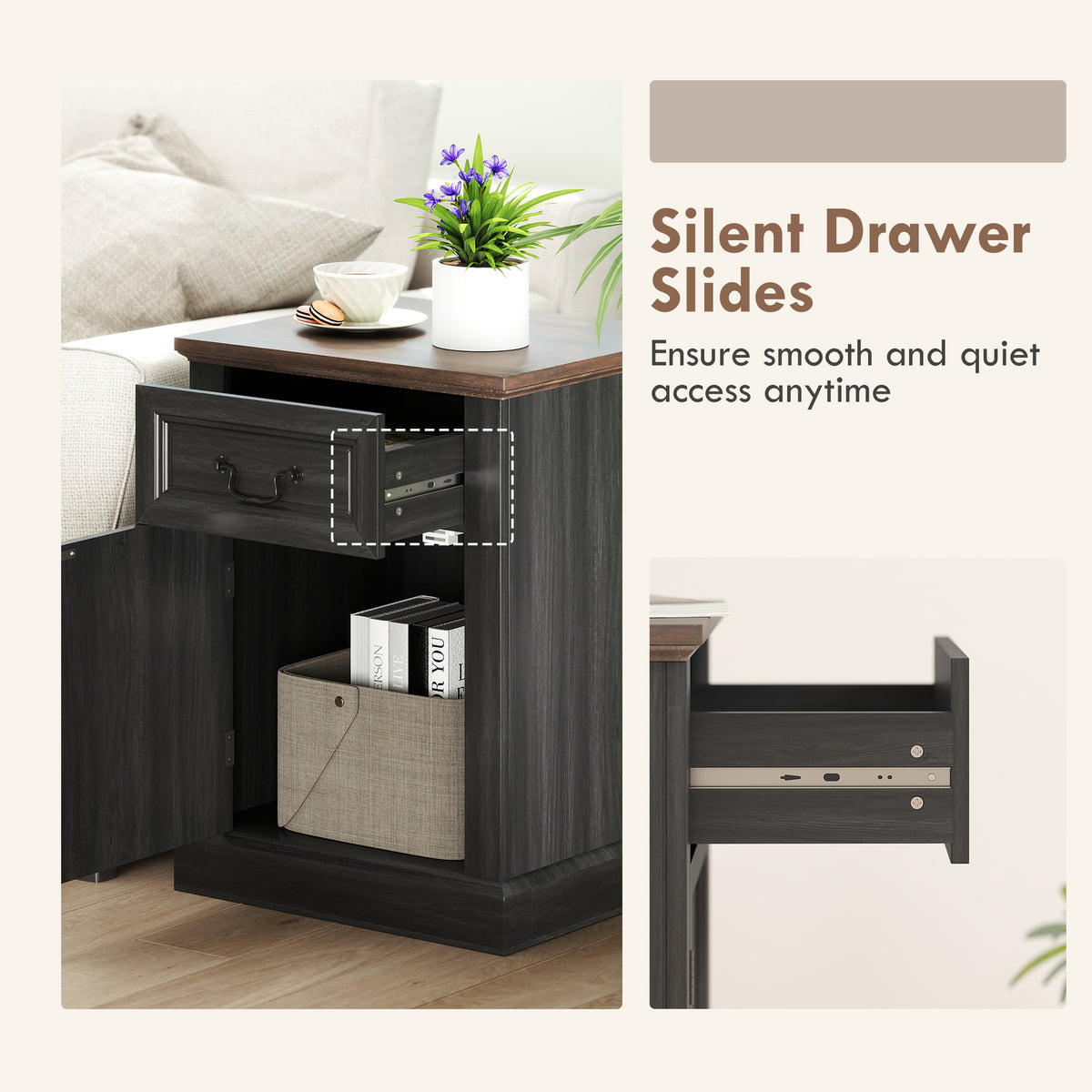 Side Table Set of 2 - Farmhouse Nightstands with Drawer, Black-Home Furnishings > Living Room Furniture > Side¬†Tables-DECOROLALA