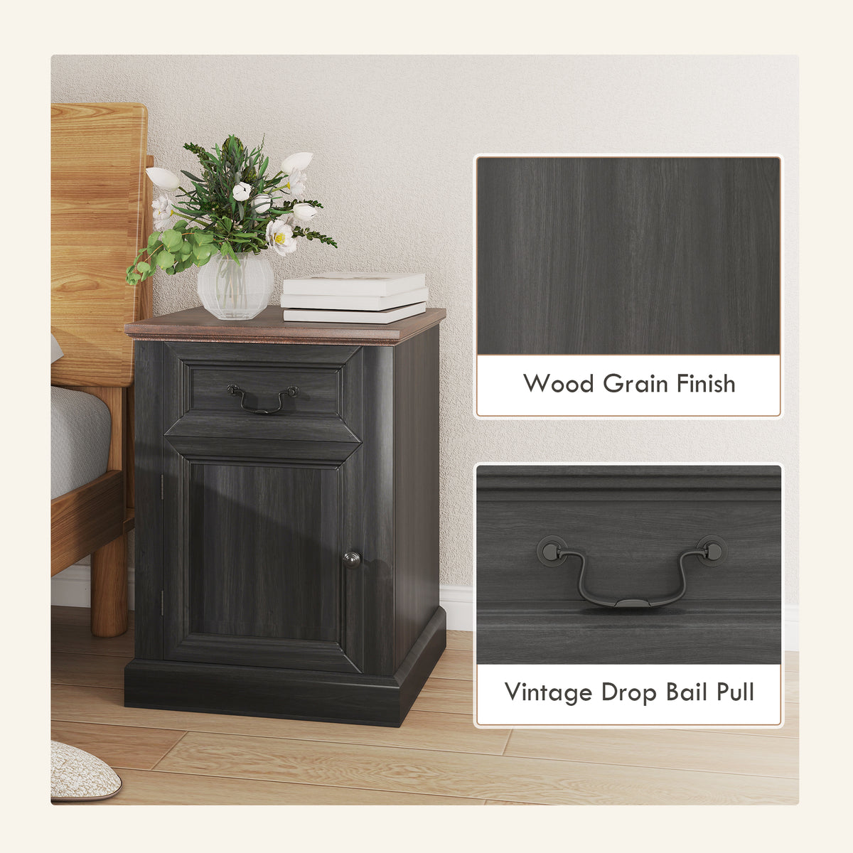 Side Table Set of 2 - Farmhouse Nightstands with Drawer, Black-Home Furnishings > Living Room Furniture > Side¬†Tables-DECOROLALA