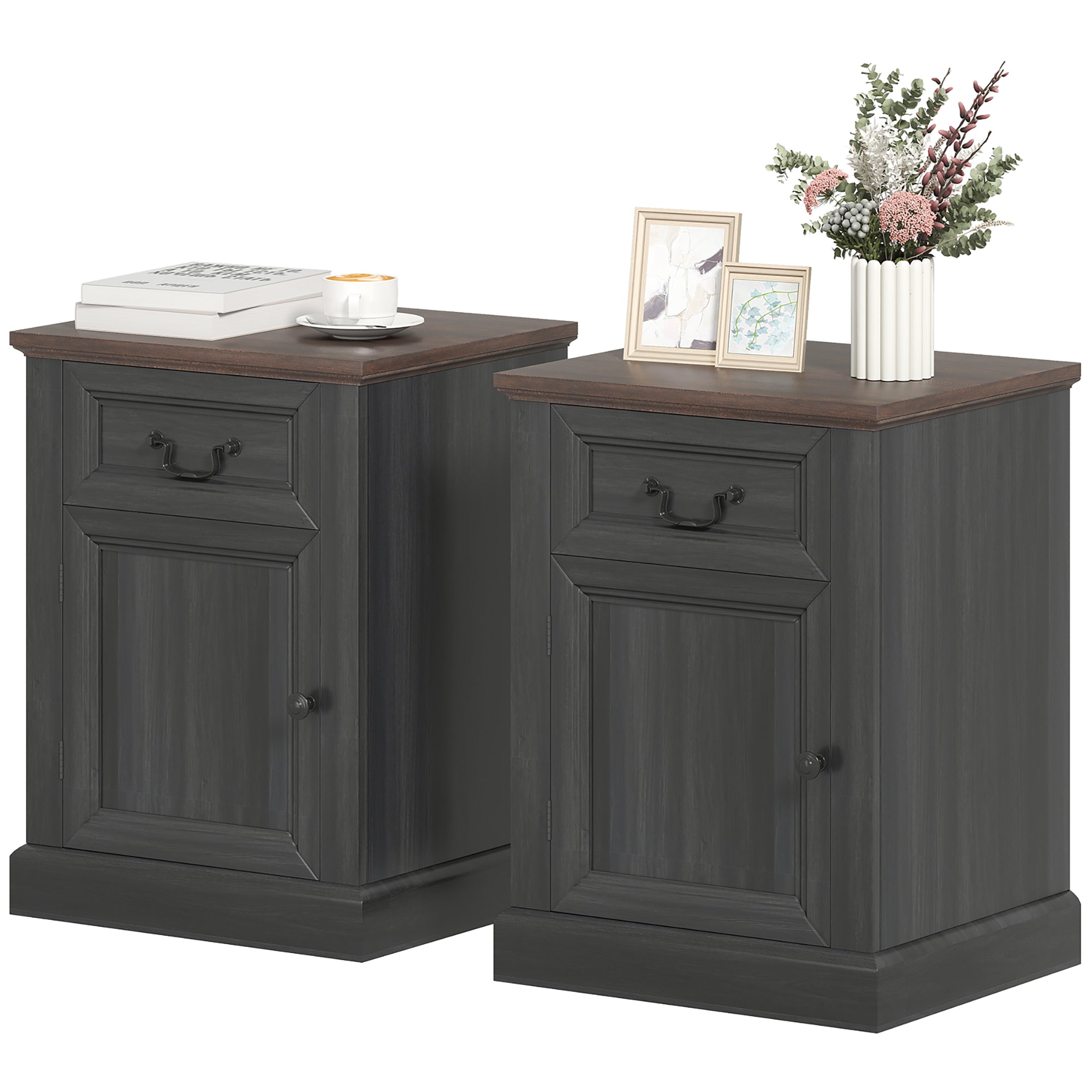 Side Table Set of 2 - Farmhouse Nightstands with Drawer, Black-Home Furnishings > Living Room Furniture > Side¬†Tables-DECOROLALA