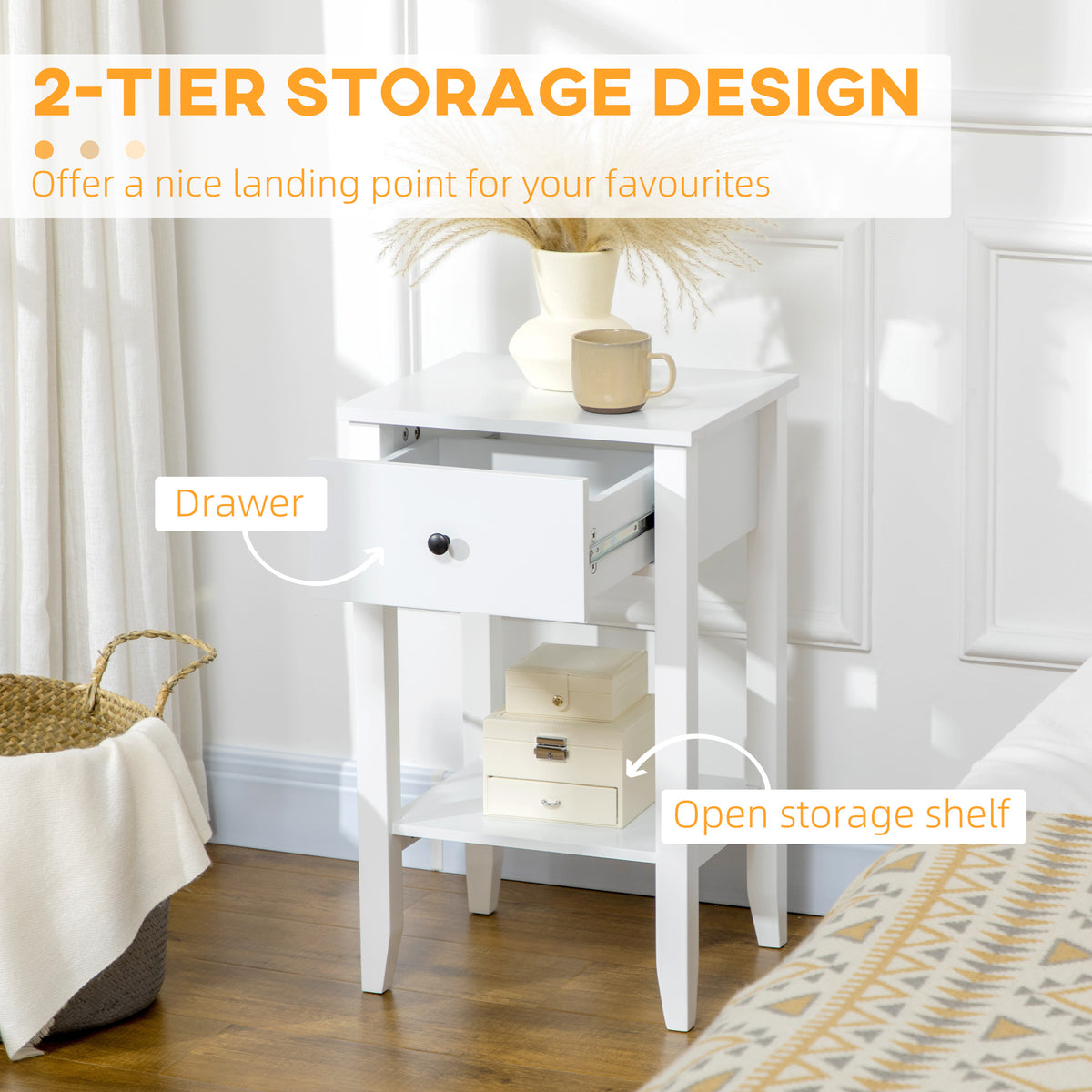 Side Table Set of 2 - White Nightstands with Drawer 25.6" H-Home Furnishings > Living Room Furniture > Side¬†Tables-DECOROLALA