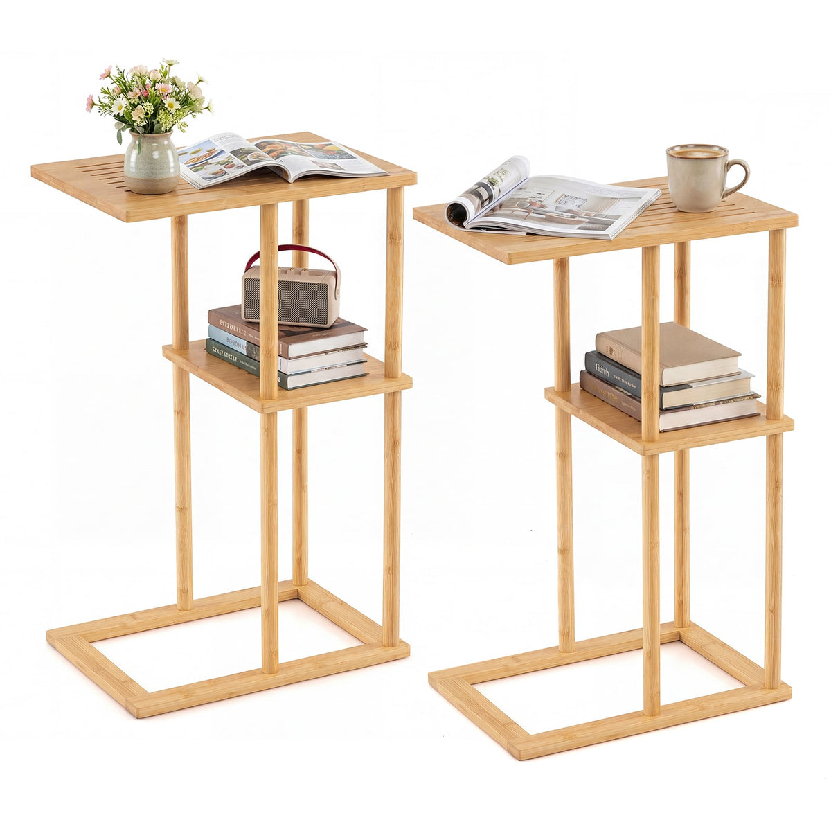 Side Table Set of 2 with Storage Shelves and Bamboo Construction-Natural-End & Side Tables-DECOROLALA
