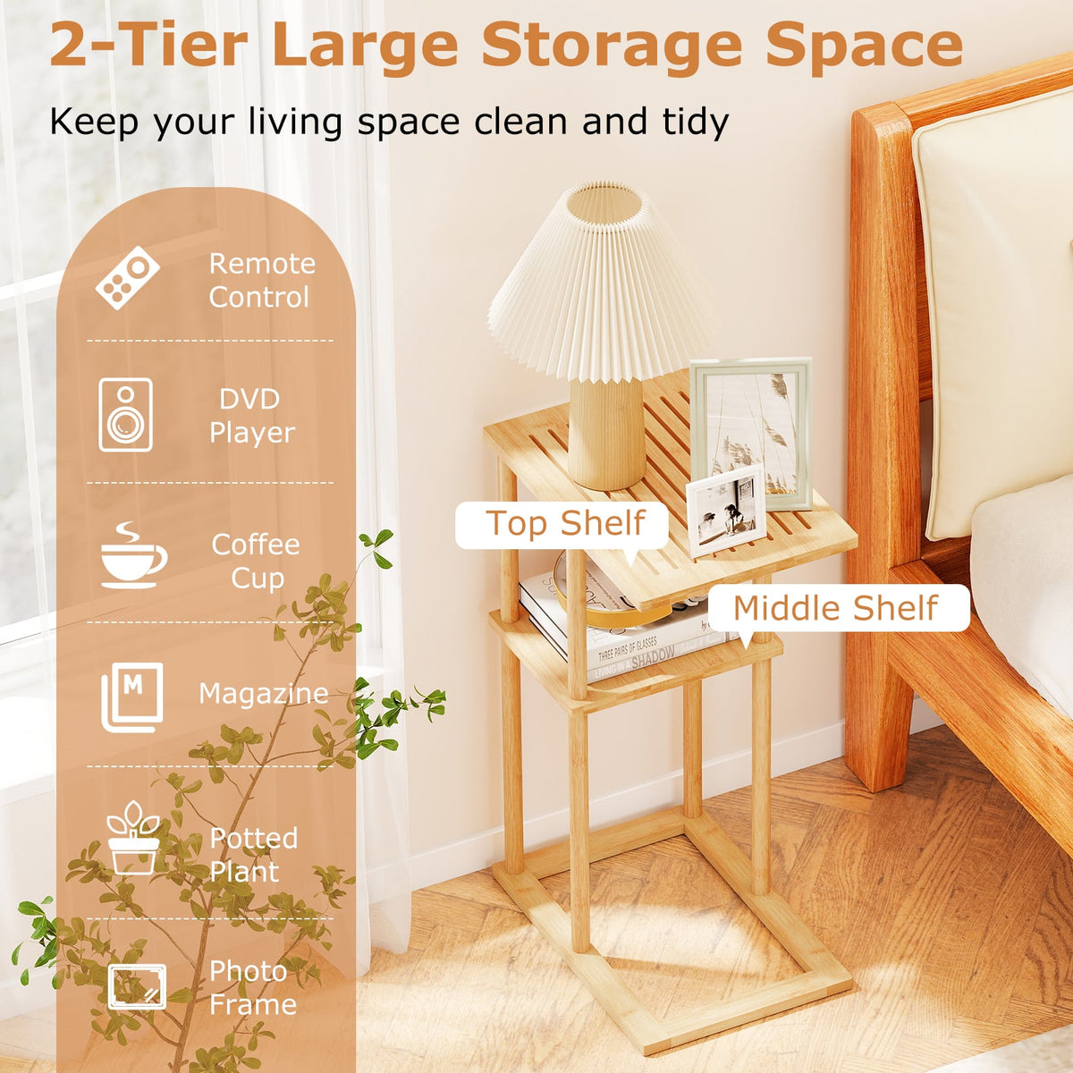 Side Table Set of 2 with Storage Shelves and Bamboo Construction-Natural-End & Side Tables-DECOROLALA