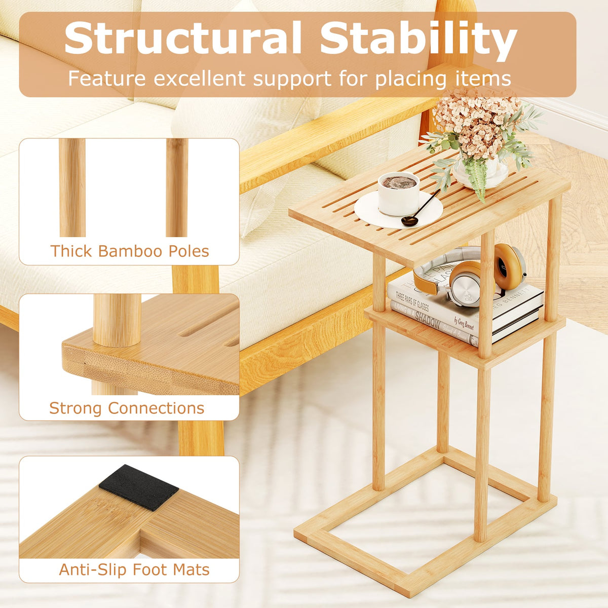 Side Table Set of 2 with Storage Shelves and Bamboo Construction-Natural-End & Side Tables-DECOROLALA