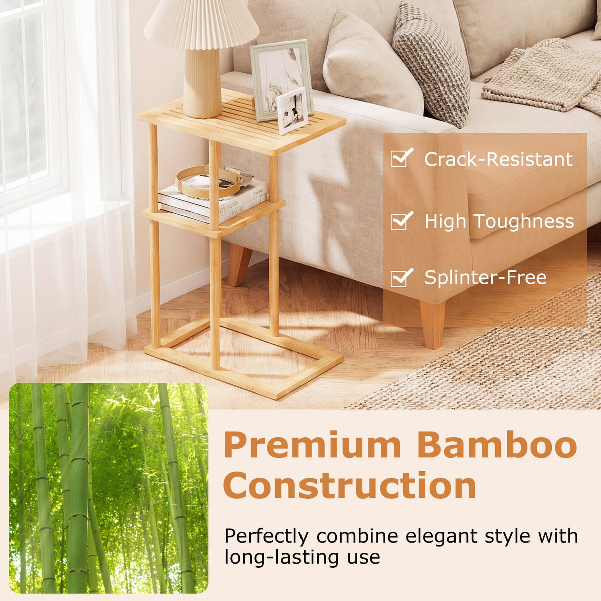 Side Table Set of 2 with Storage Shelves and Bamboo Construction-Natural-End & Side Tables-DECOROLALA