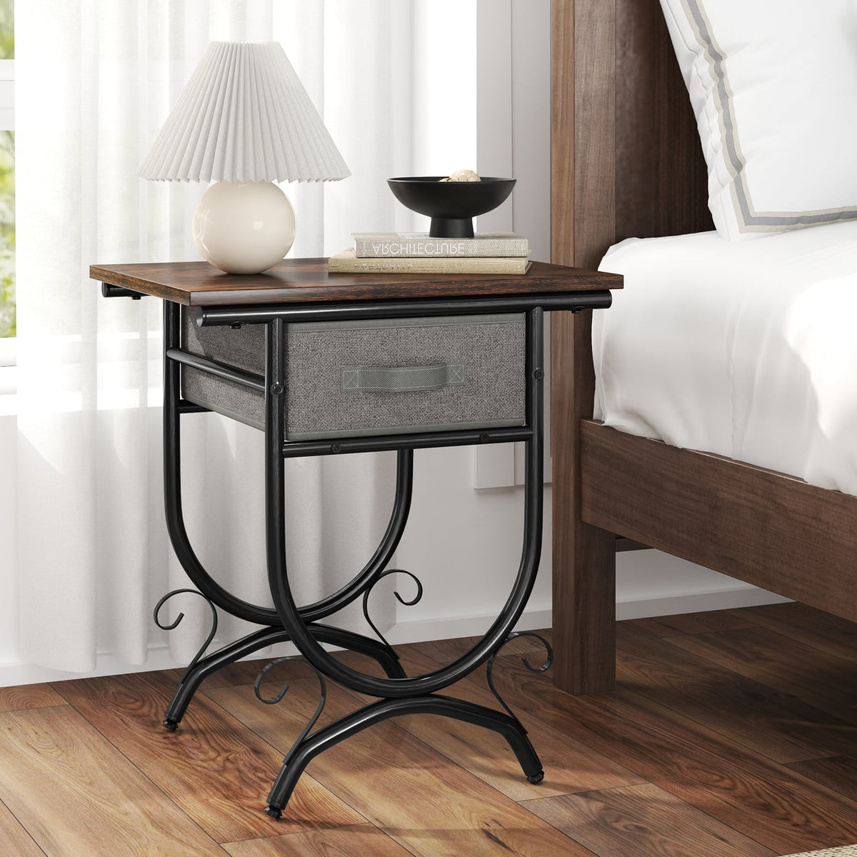 Side Table with Fabric Drawer and Carved Metal Frame for Living Room-Nightstands-DECOROLALA