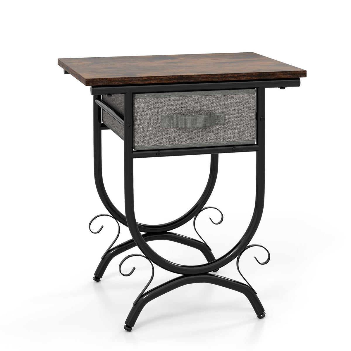 Side Table with Fabric Drawer and Carved Metal Frame for Living Room-Nightstands-DECOROLALA